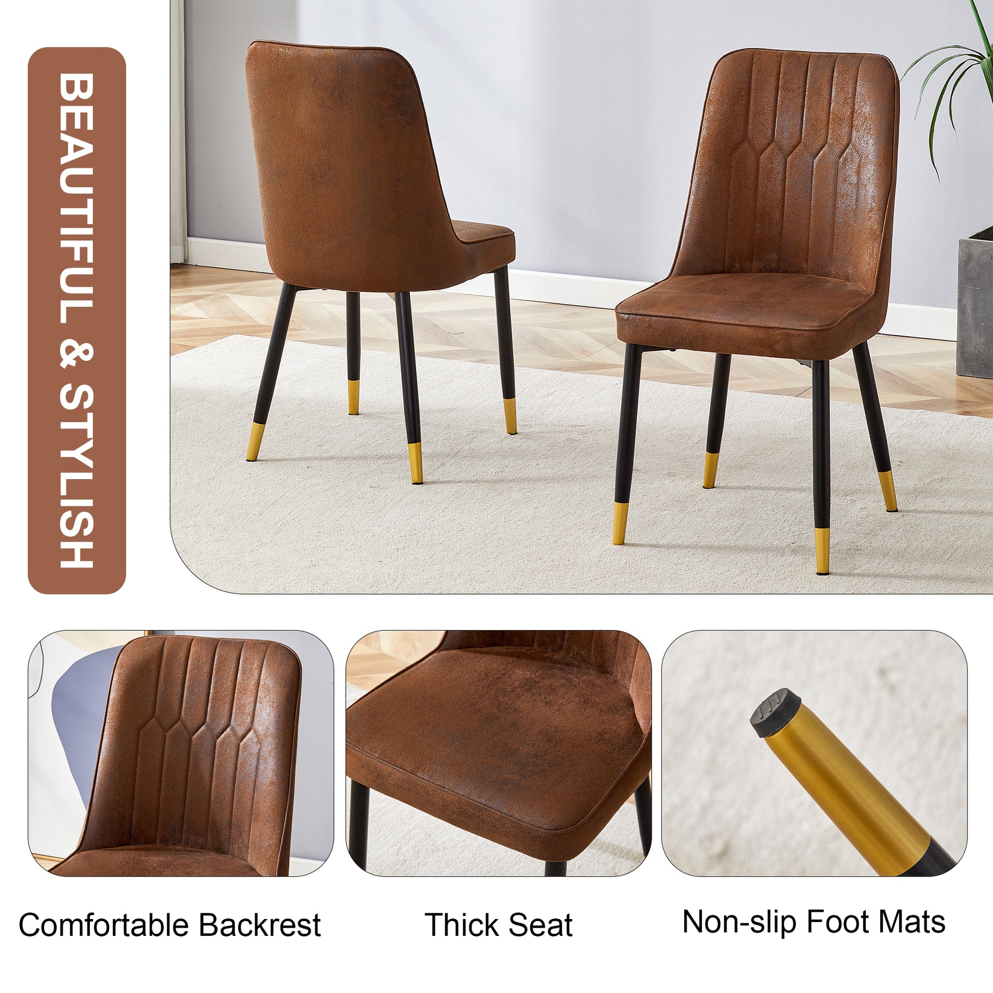 Brown upholstered dining chair with goldtipped black legs