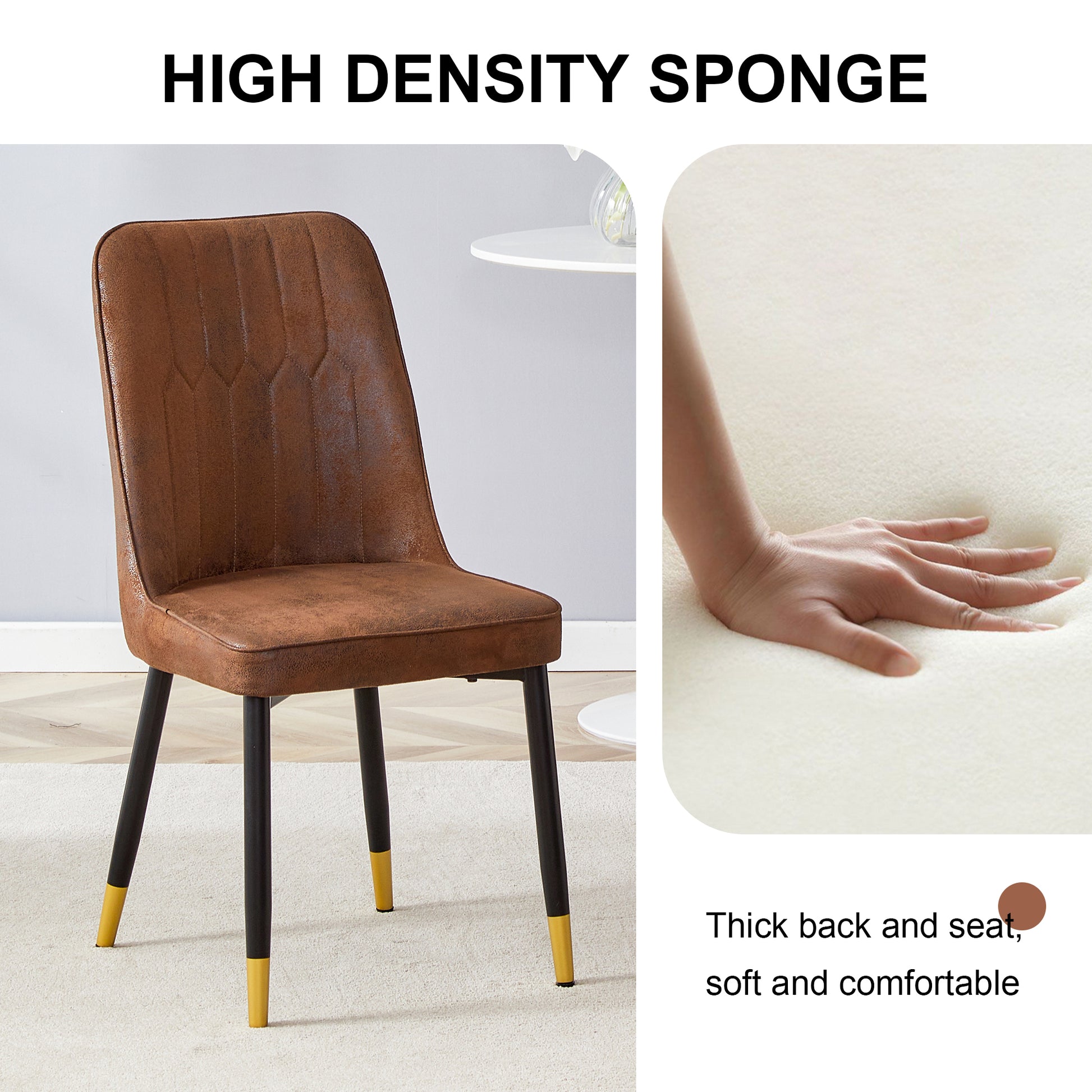 Brown faux leather dining chair with diamond stitching and goldtipped black legs