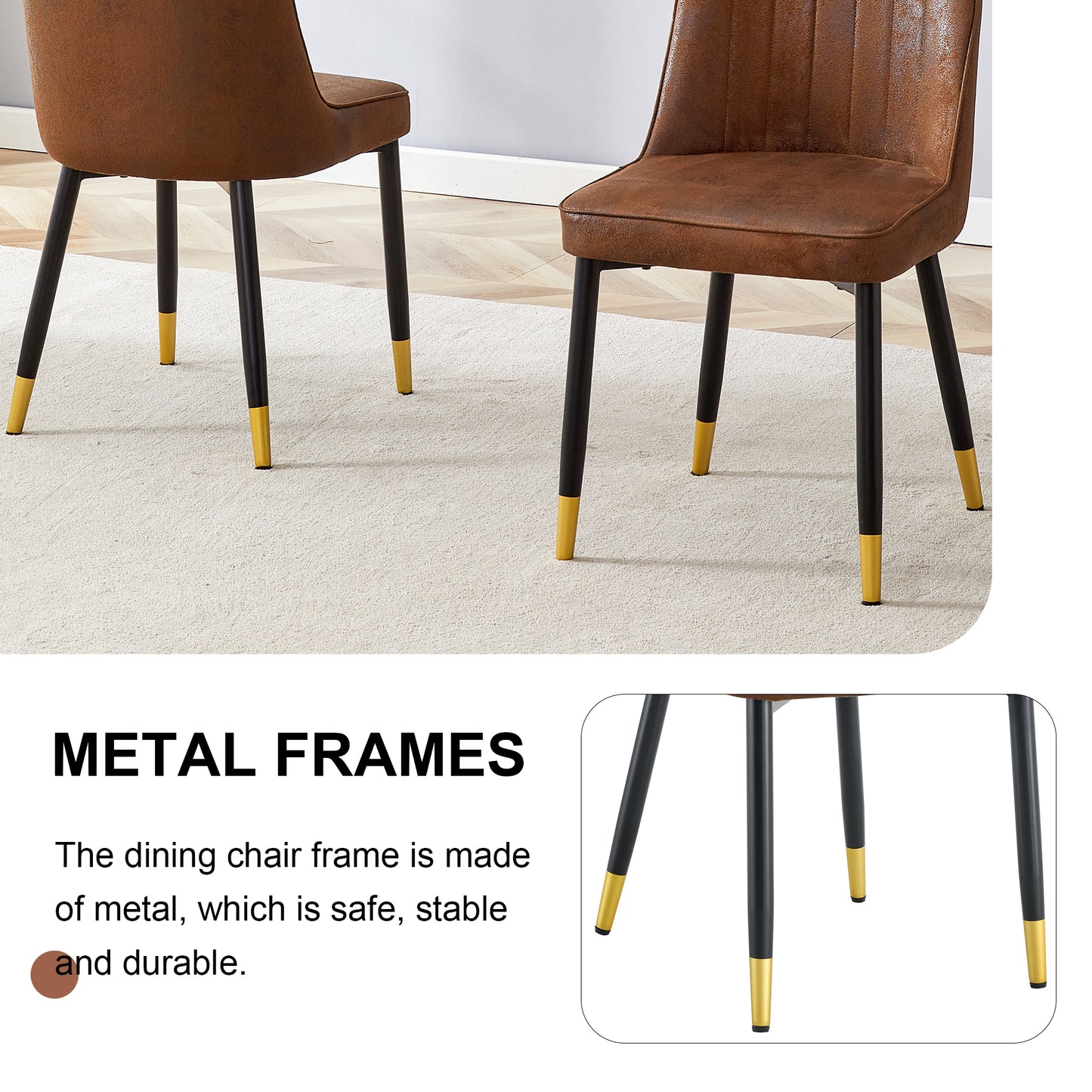 Brown faux leather dining chair with black metal legs and gold accents