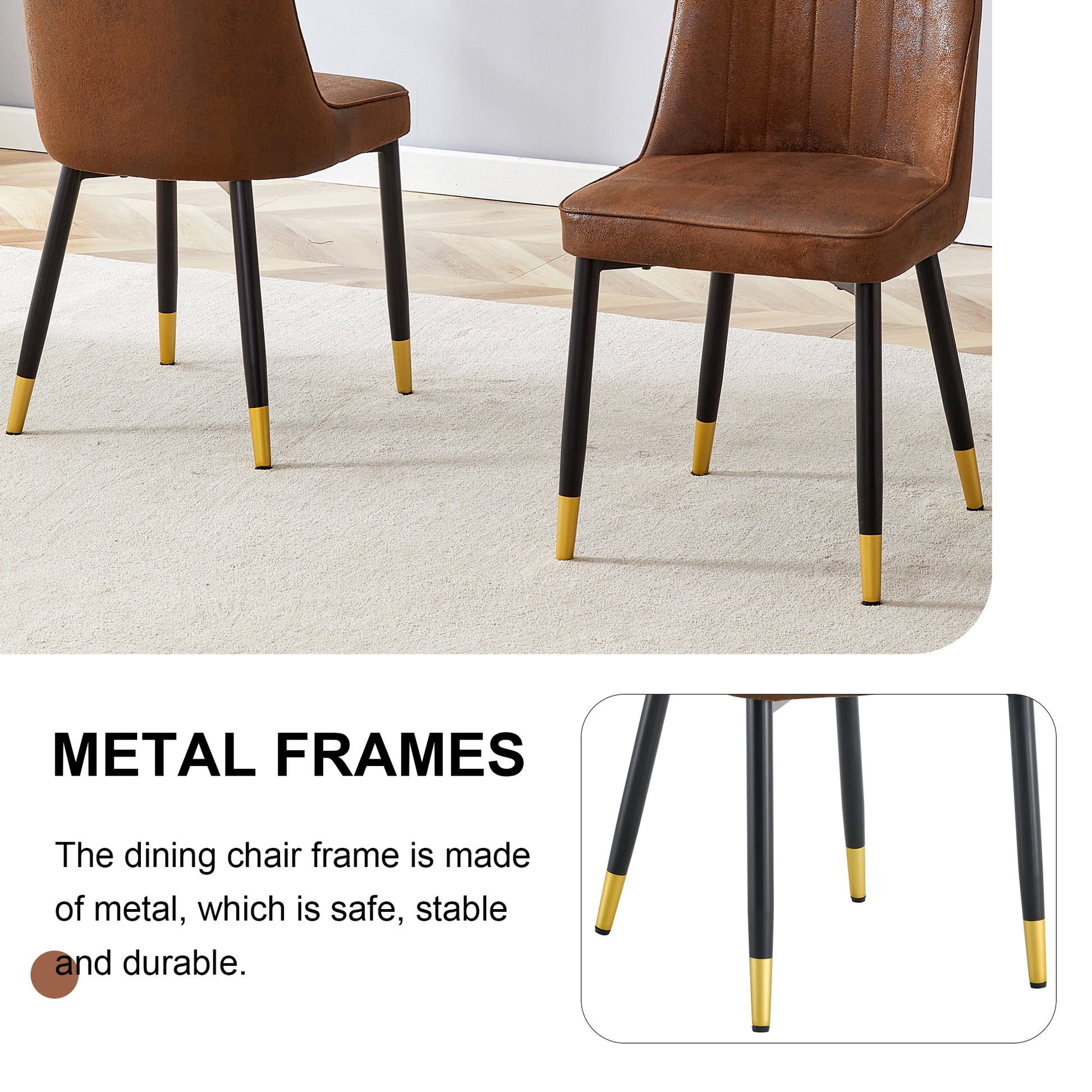 Brown faux leather dining chair with black metal legs and gold accents