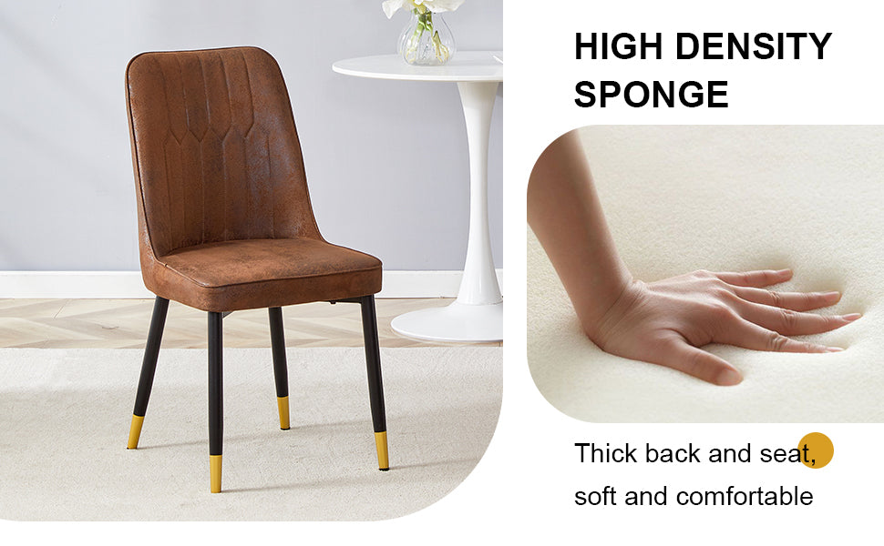 Brown faux leather dining chair with black metal legs and gold accents