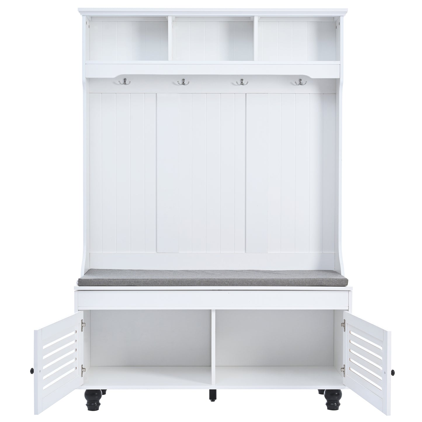 White entryway bench with hooks and storage