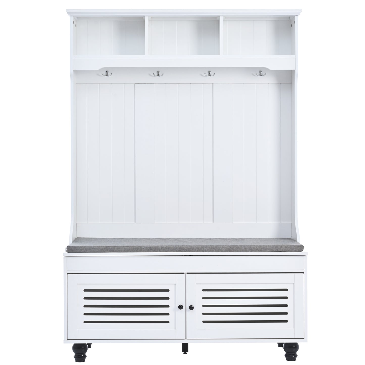 White hall tree with coat hooks and shoe storage bench