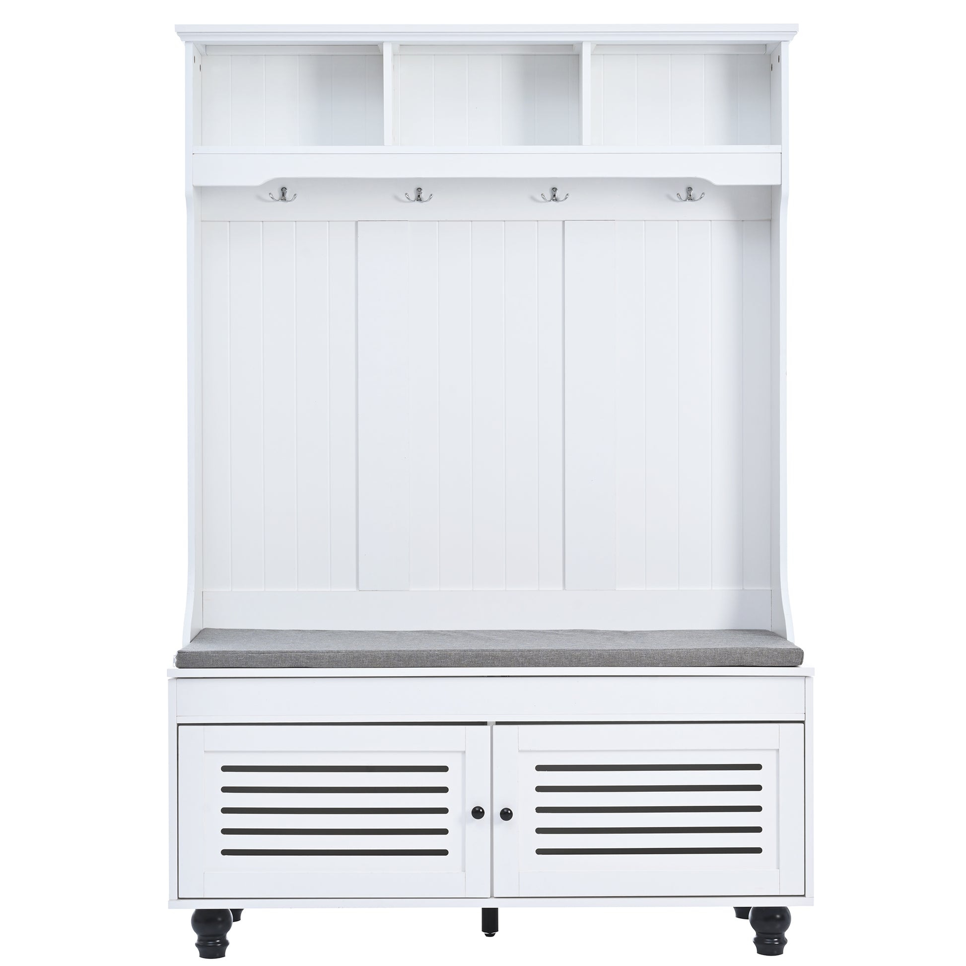 White hall tree with coat hooks and shoe storage bench