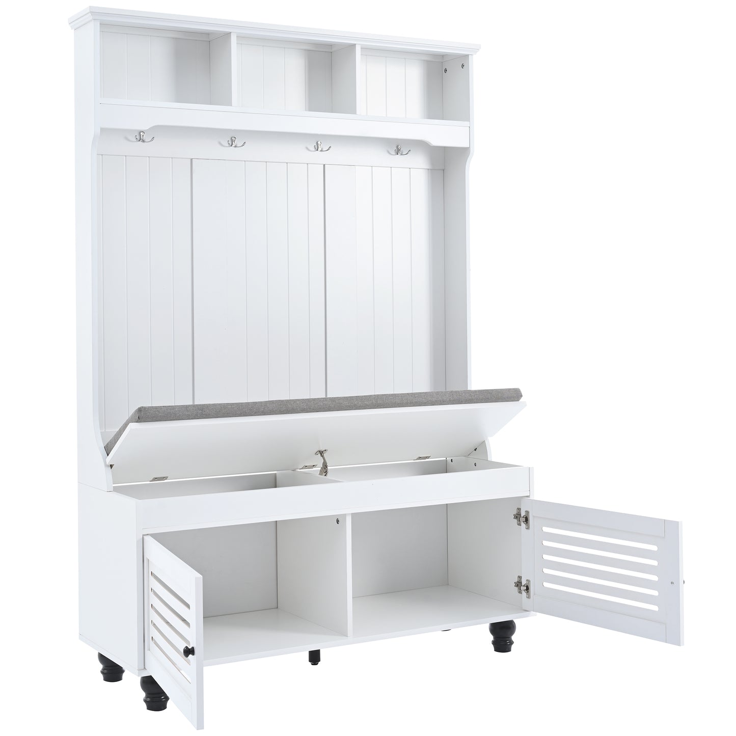 White hall tree with storage bench and open cabinets