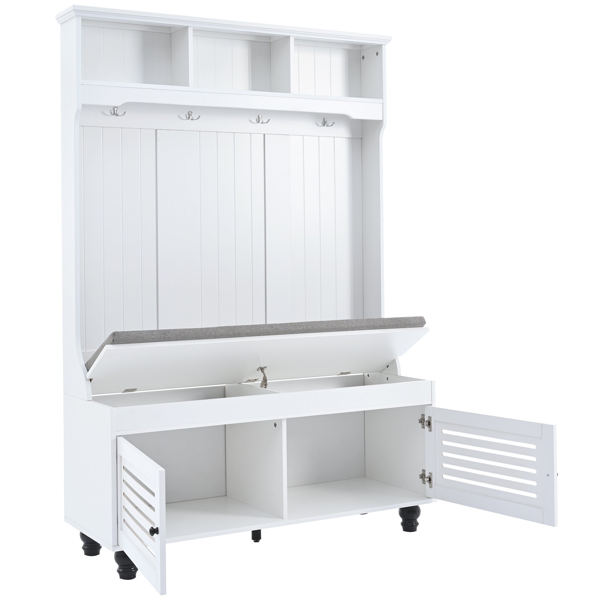 White hall tree with storage bench and open cabinets