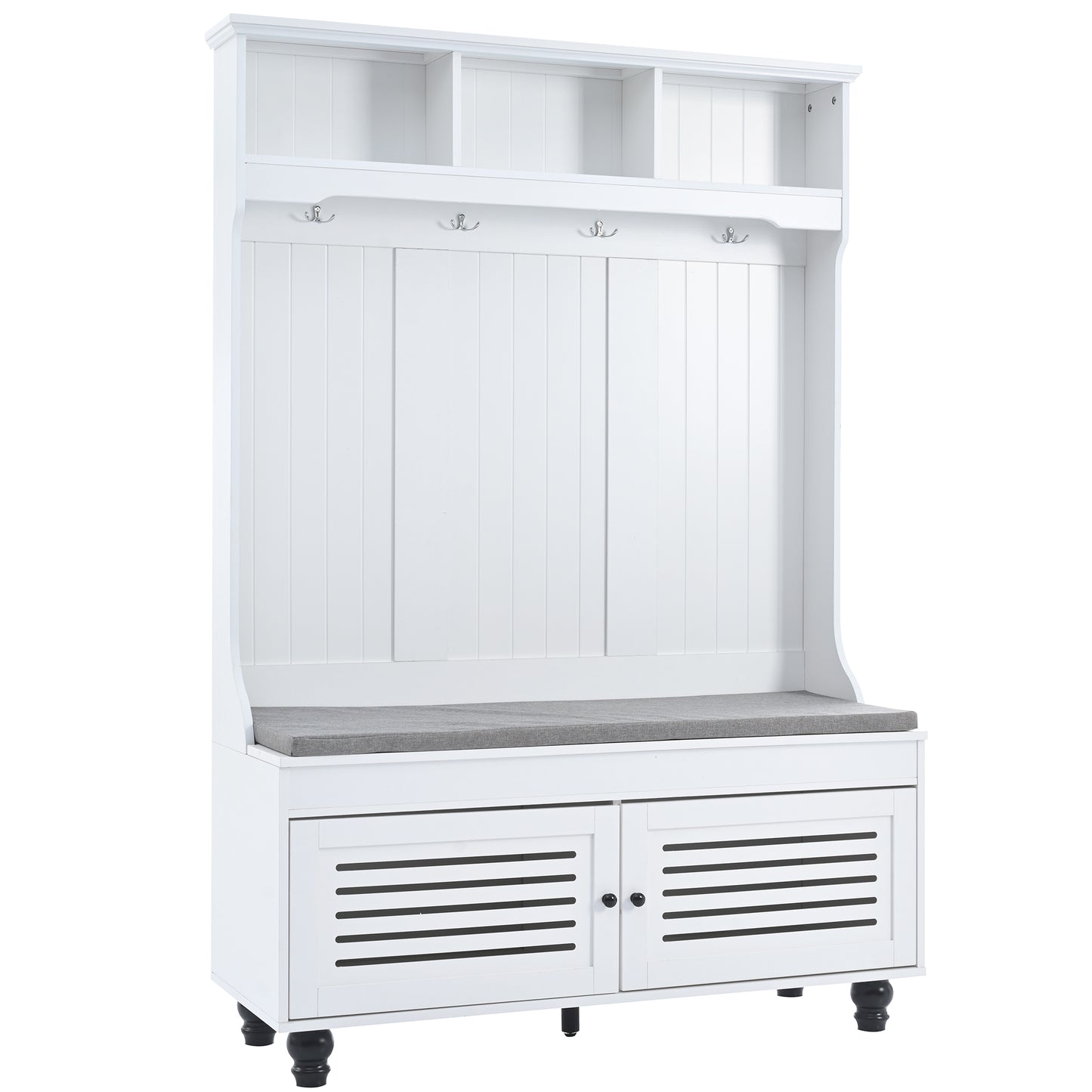 White hall tree with bench and coat hooks