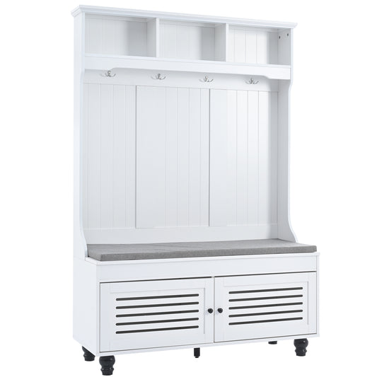 White hall tree with bench and coat hooks
