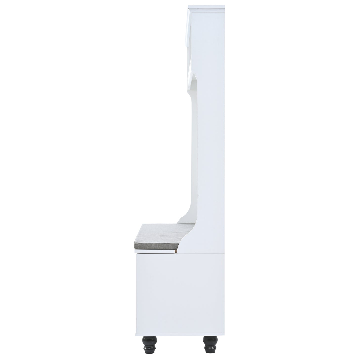 White hall tree bench with upholstered seat and storage