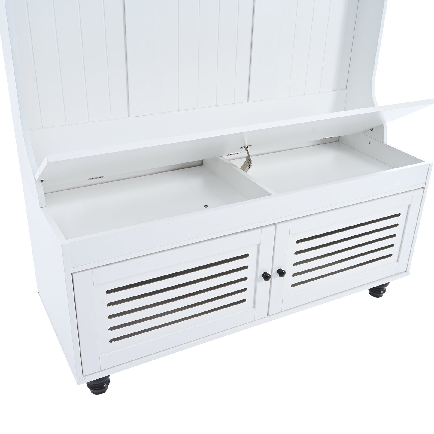 White storage bench with slatted cabinet doors and lifttop storage