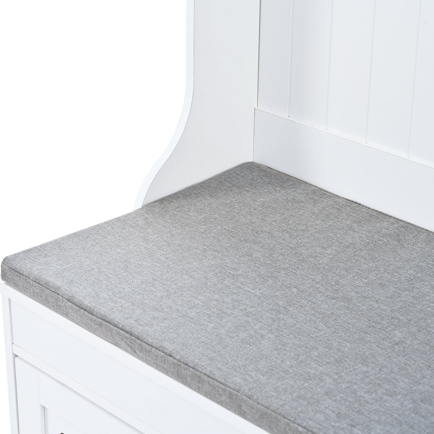 White hall tree bench with grey fabric seat cushion