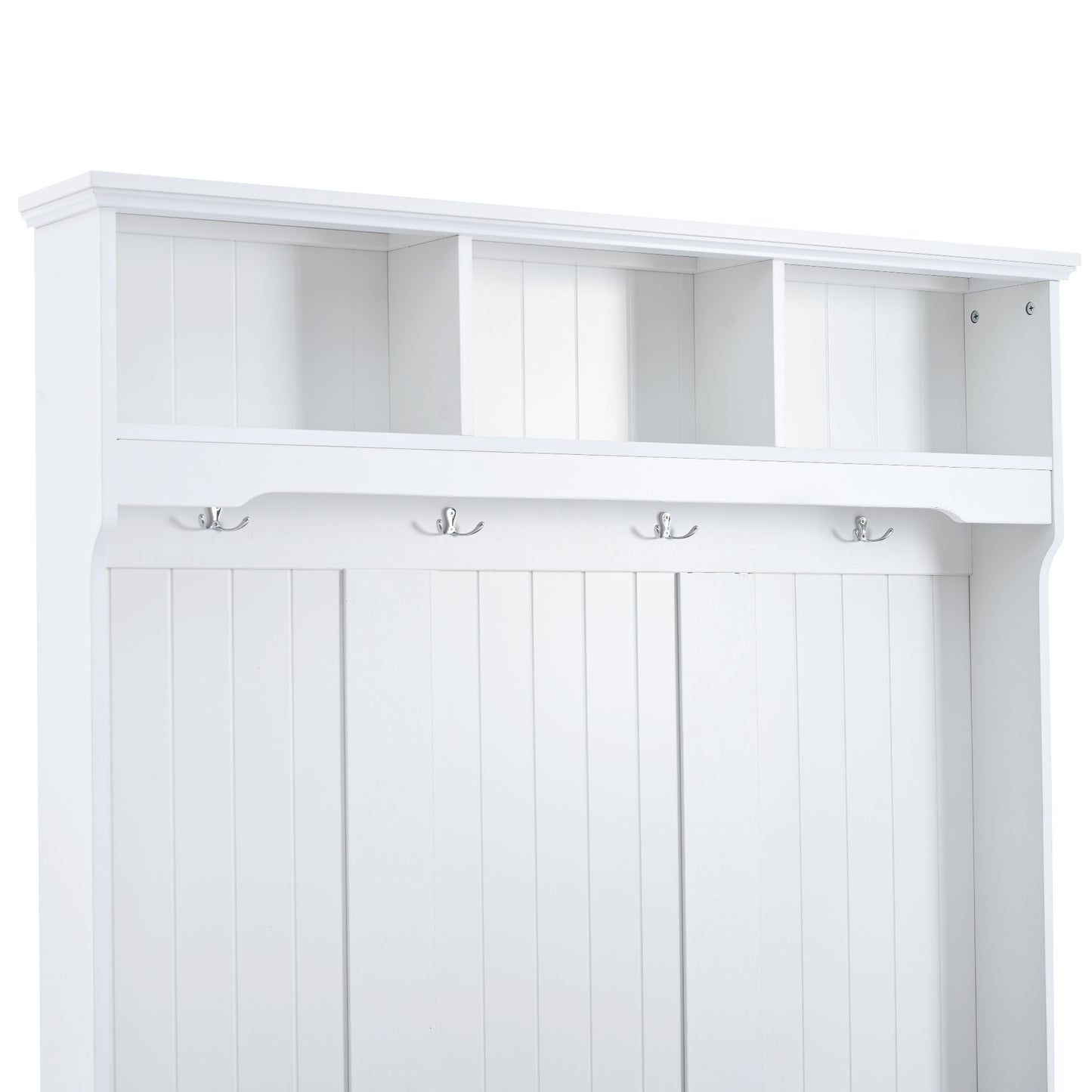 White wooden hall tree with crown molding and four double hooks