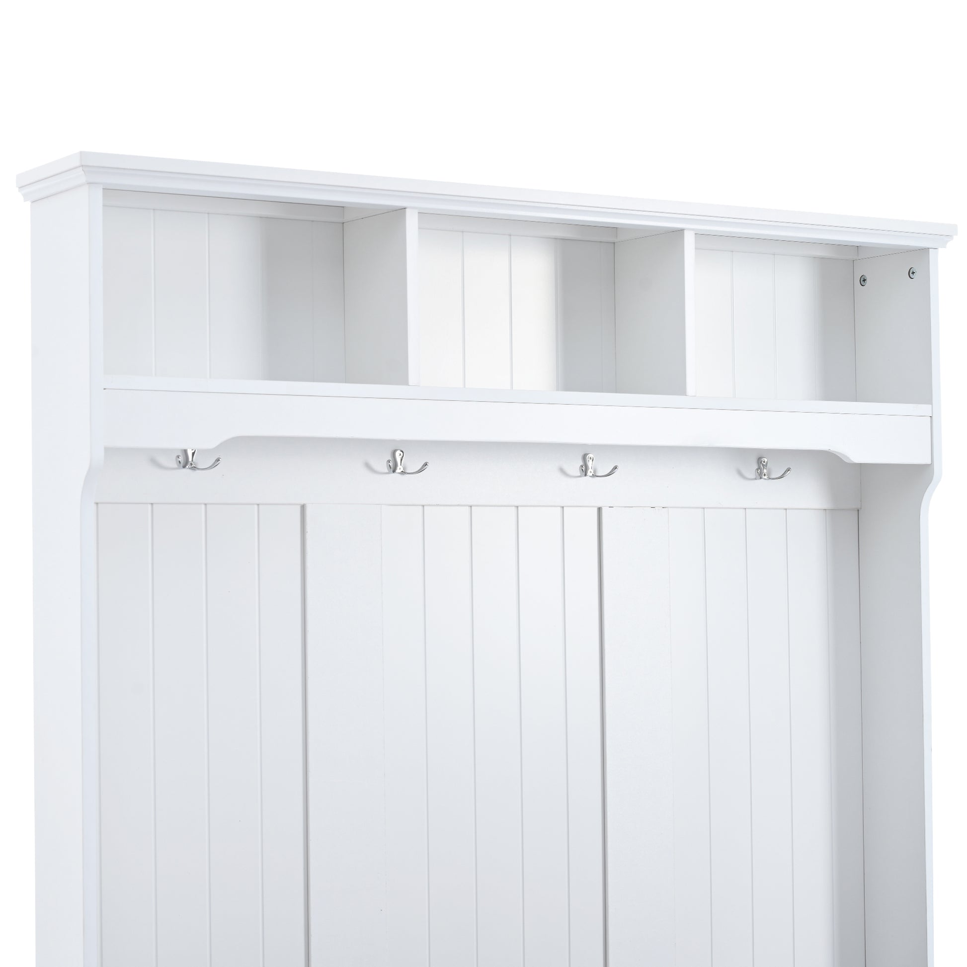 White wooden hall tree with crown molding and four double hooks