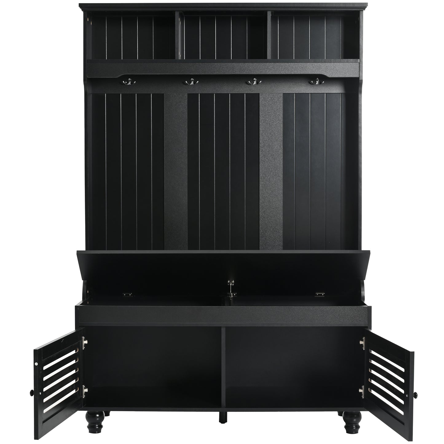 Black wood hall tree with bench storage and coat hooks