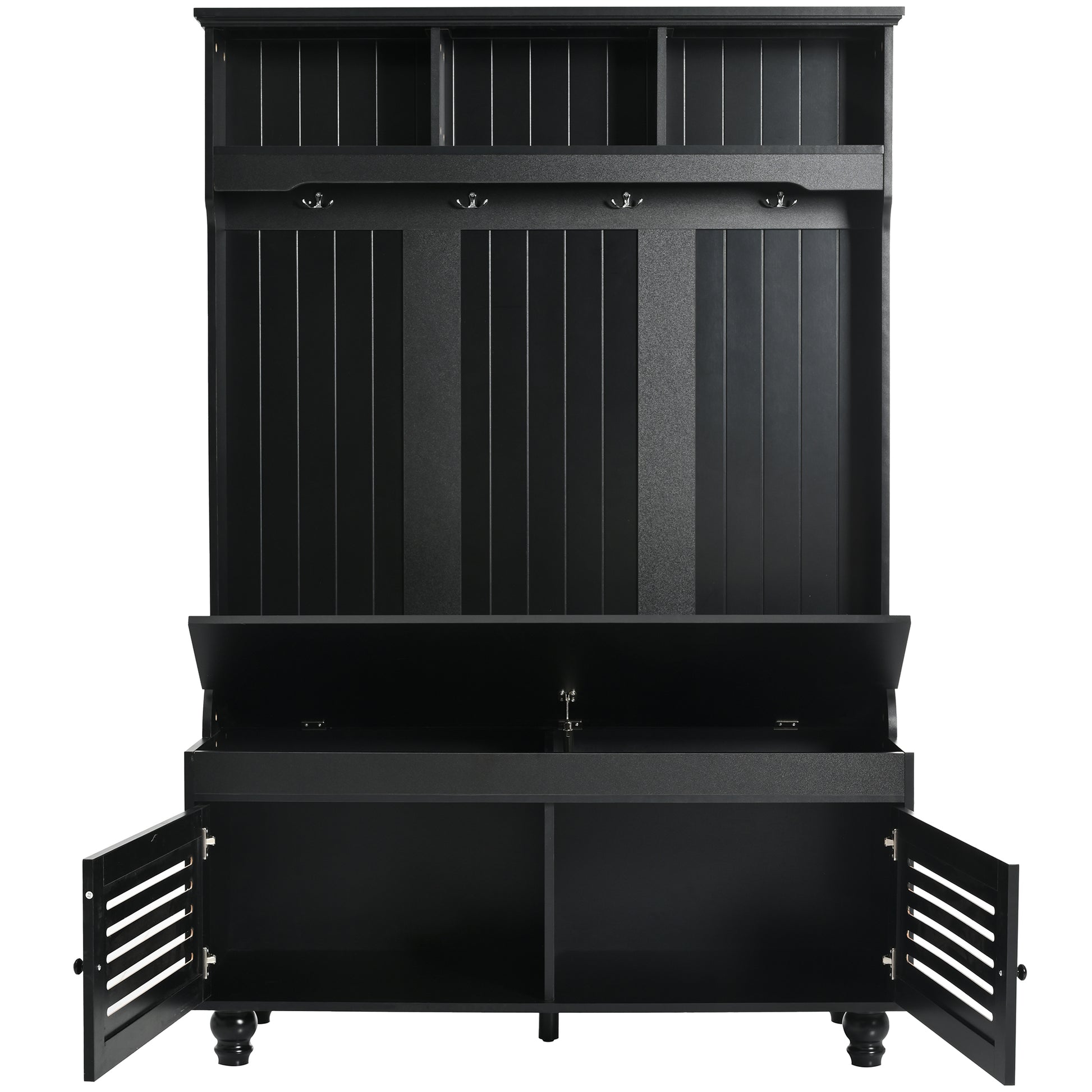 Black wood hall tree with bench storage and coat hooks