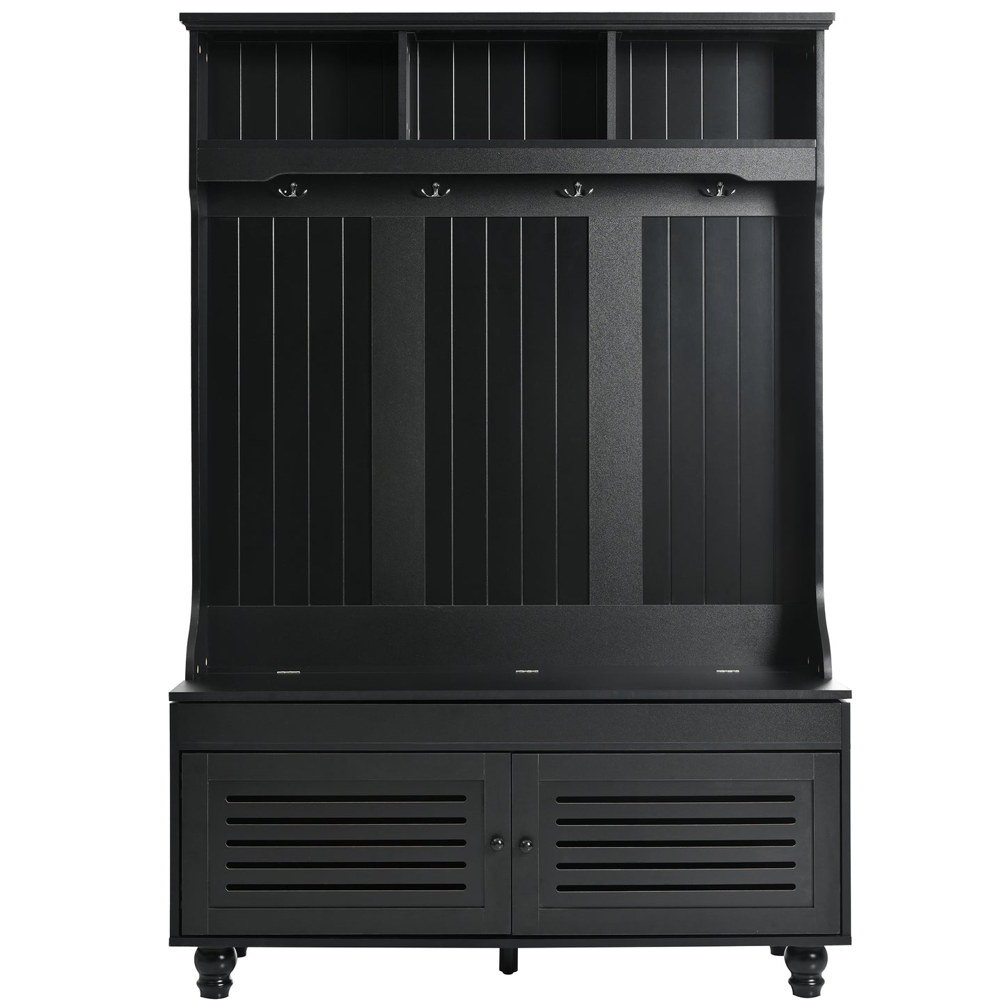 Black hall tree with coat hooks and shoe bench storage