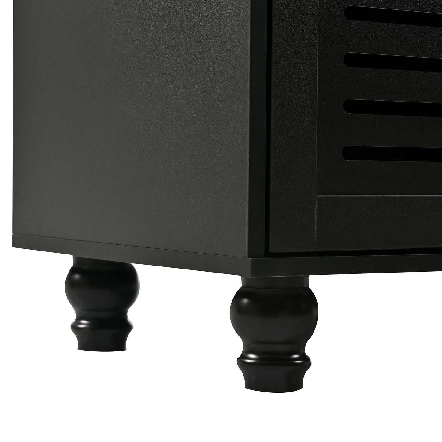 Black wooden cabinet with decorative turned legs and slatted door detail