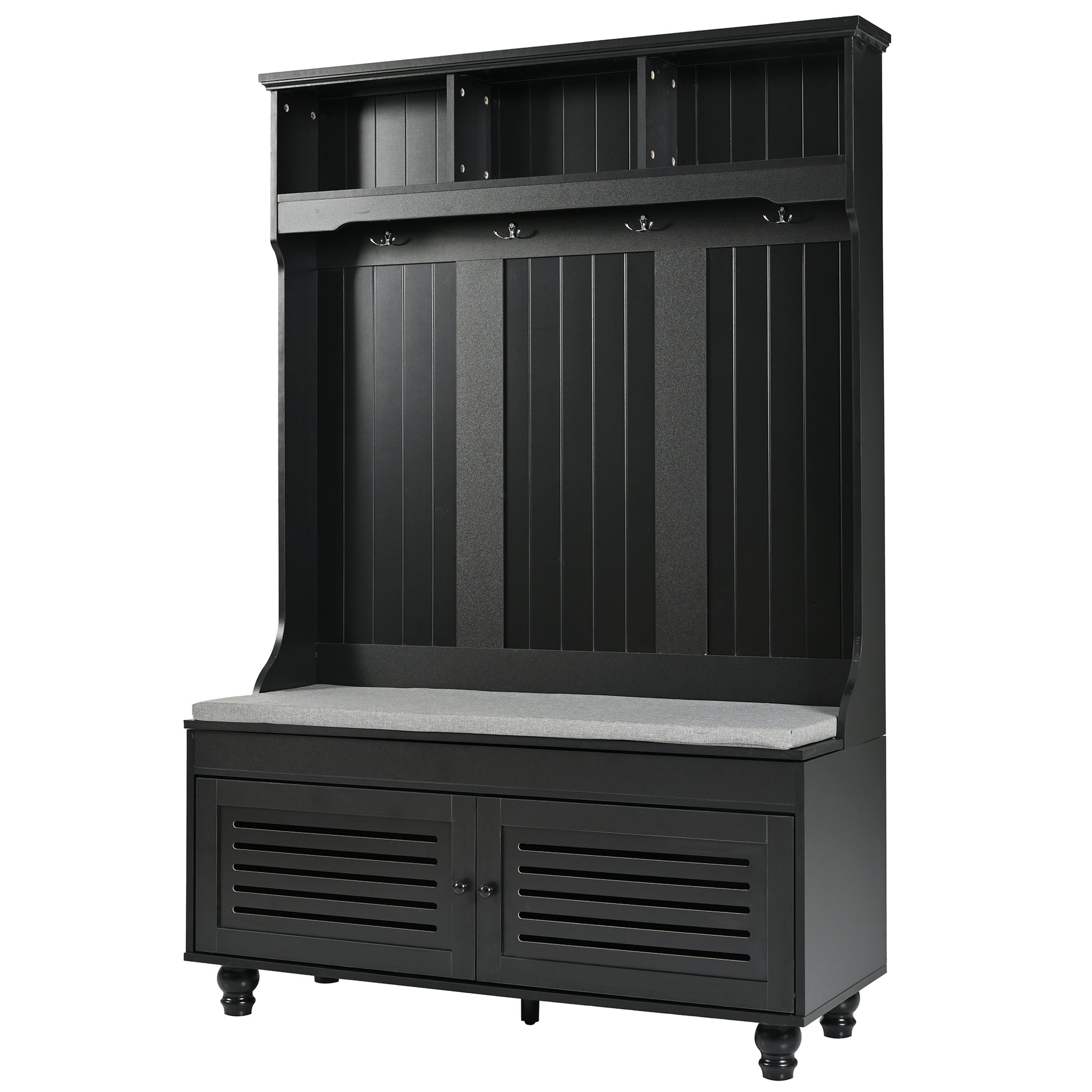 Black wooden hall tree with cushioned seat and storage cabinets