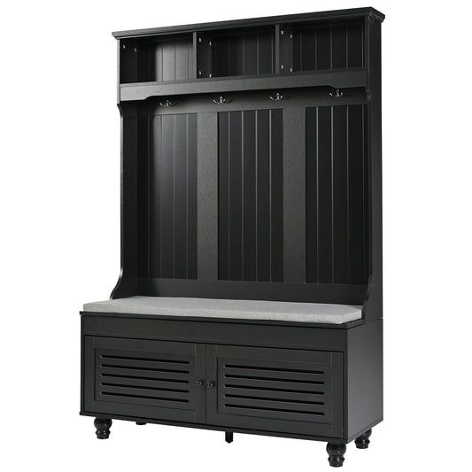 Black wooden hall tree with cushioned seat and storage cabinets