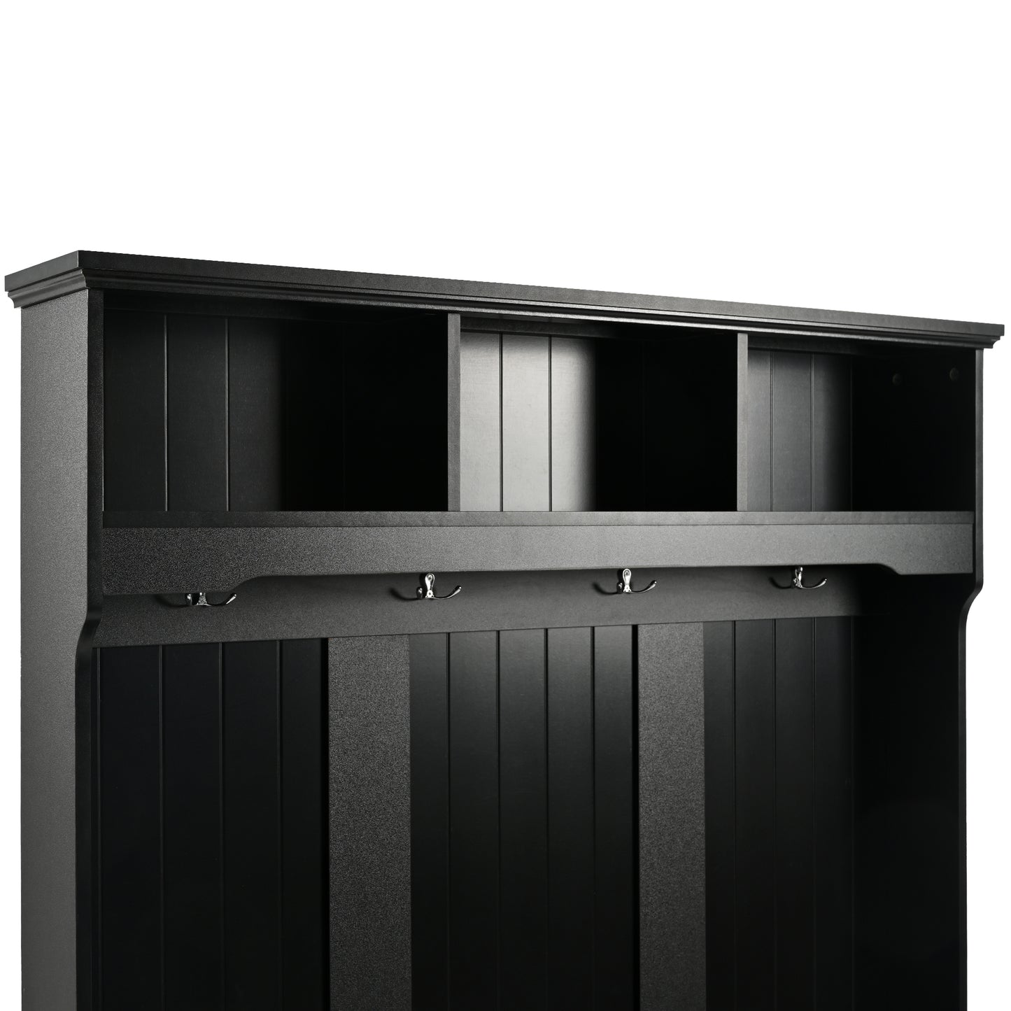 Black entryway organizer with  hooks and top shelf
