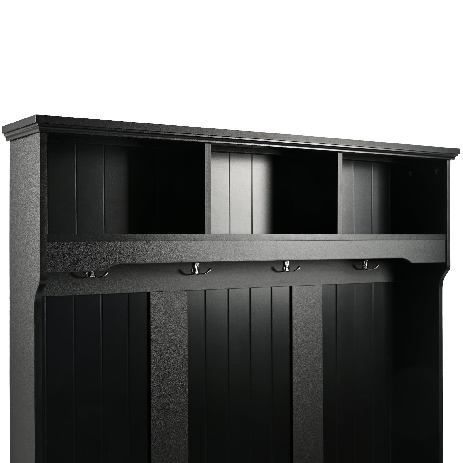 Black entryway organizer with  hooks and top shelf