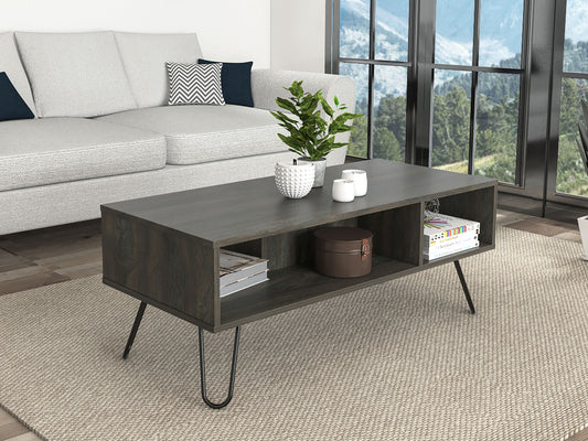 Dark wood modern coffee table with hairpin legs and open storage shelves