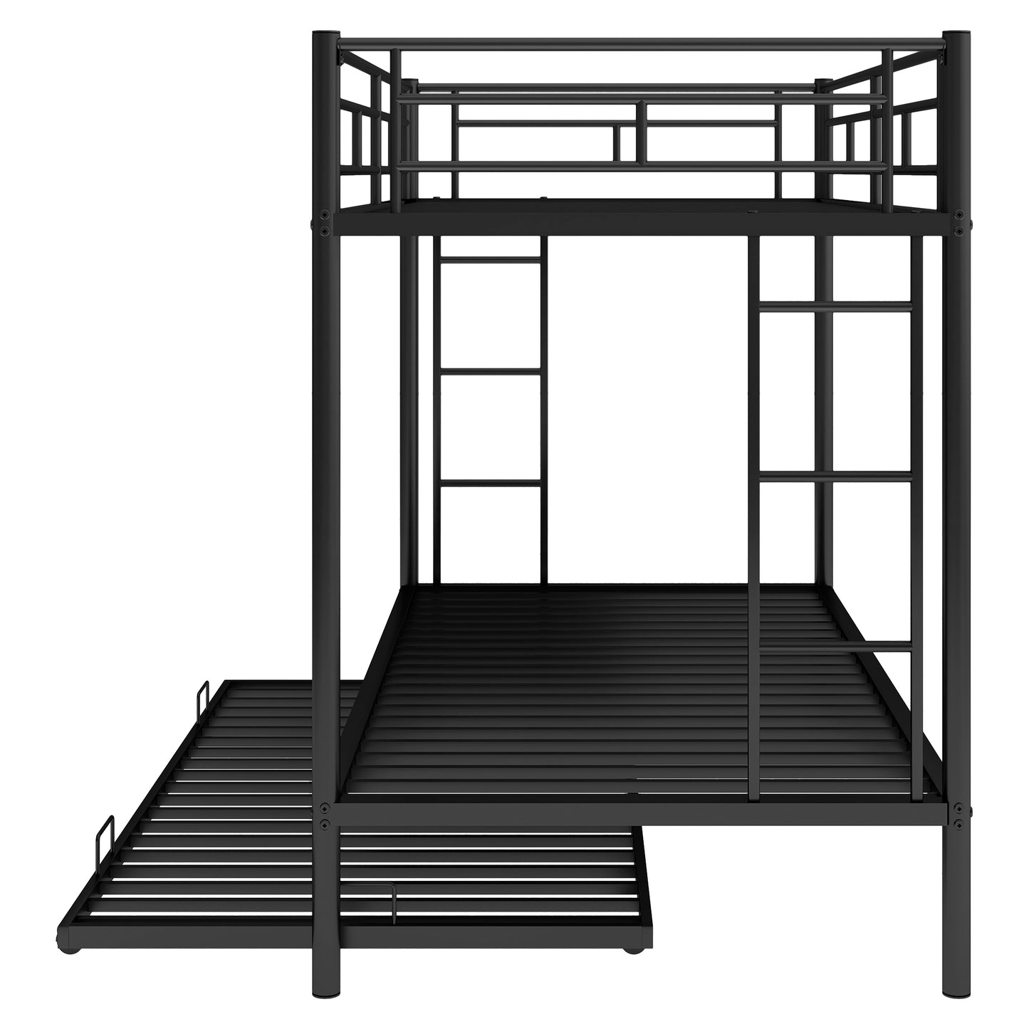 Black metal triple bunk bed with pullout trundle for kids rooms
