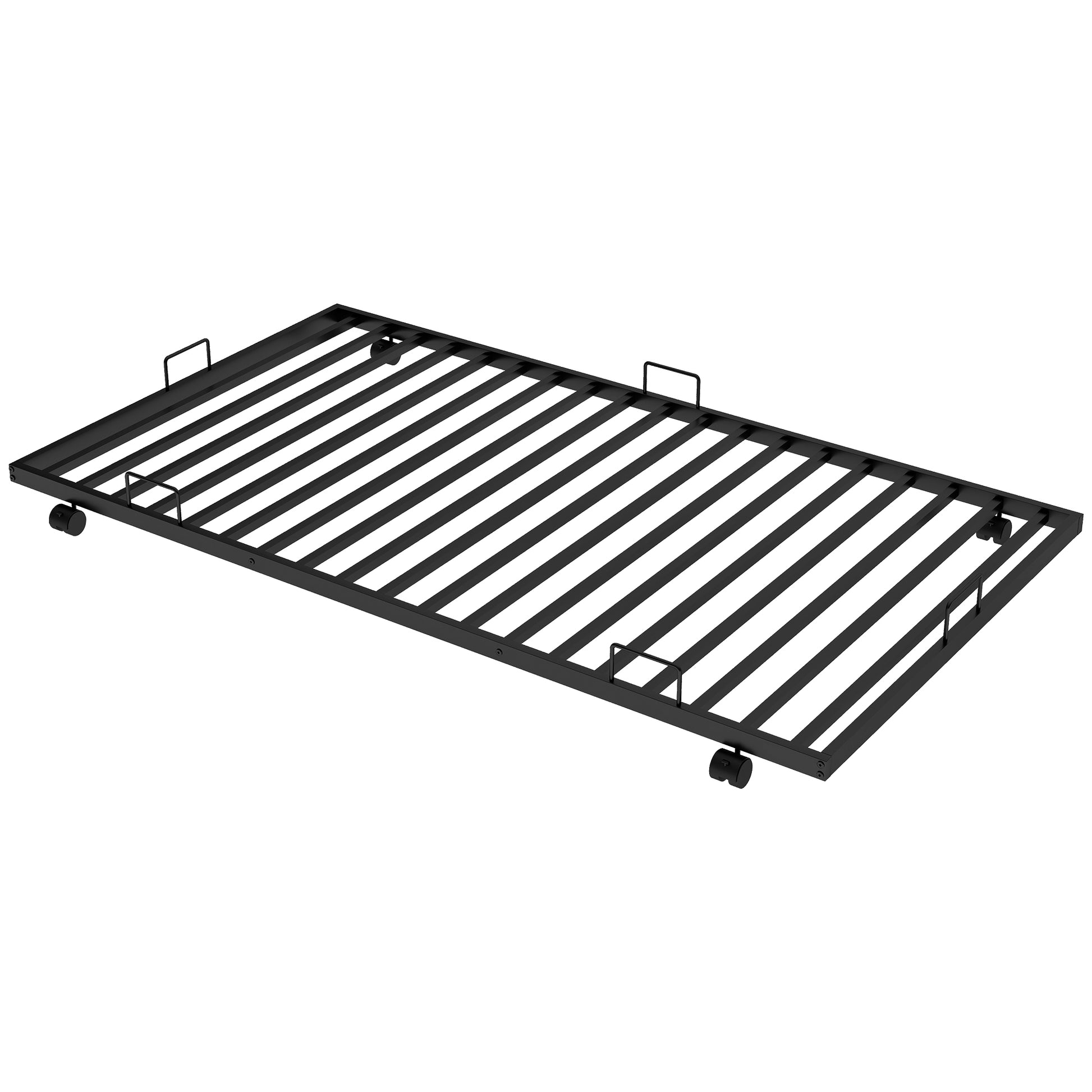 Black metal twin daybed frame with rolling casters for easy portability and spacesaving storage