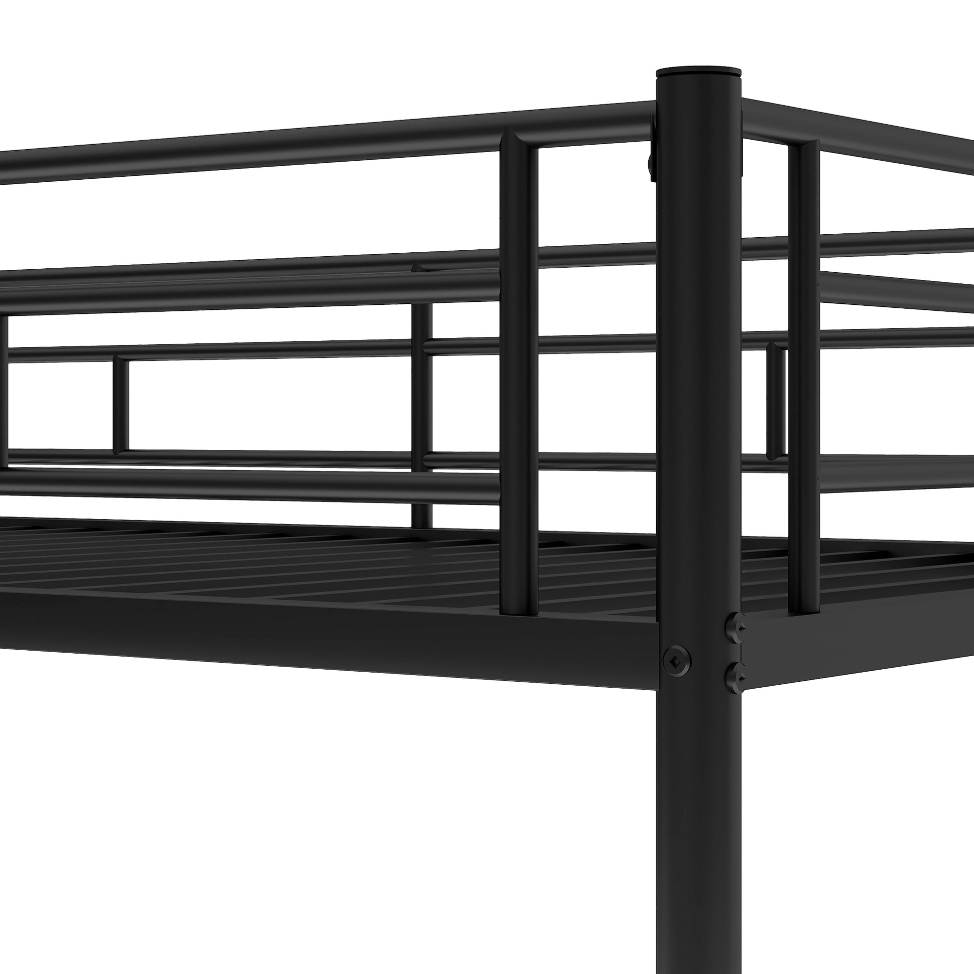 Black metal bunk bed frame with a slat support system