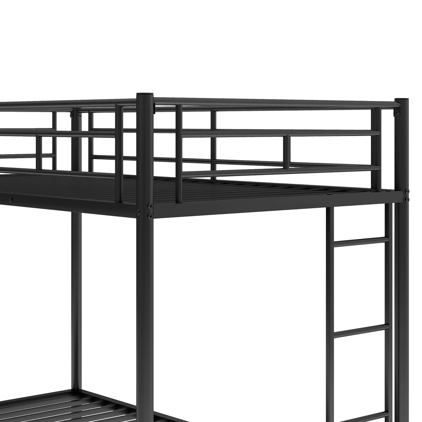 Black metal twin over twin bunk bed with integrated ladder and safety rails