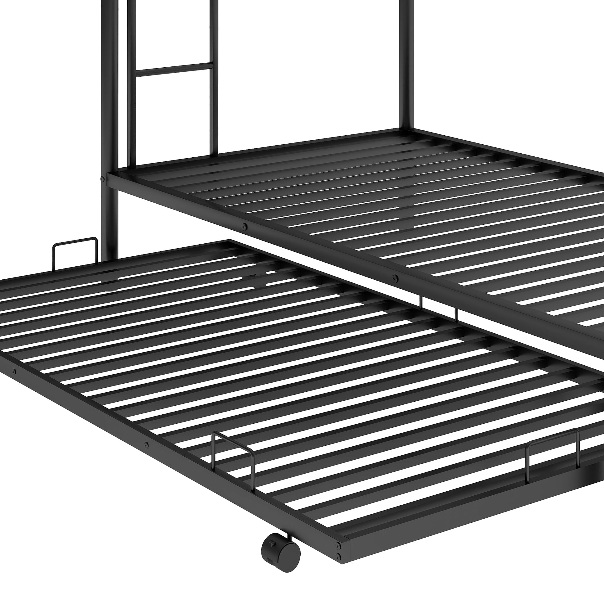 Black metal bunk bed frame with pullout trundle