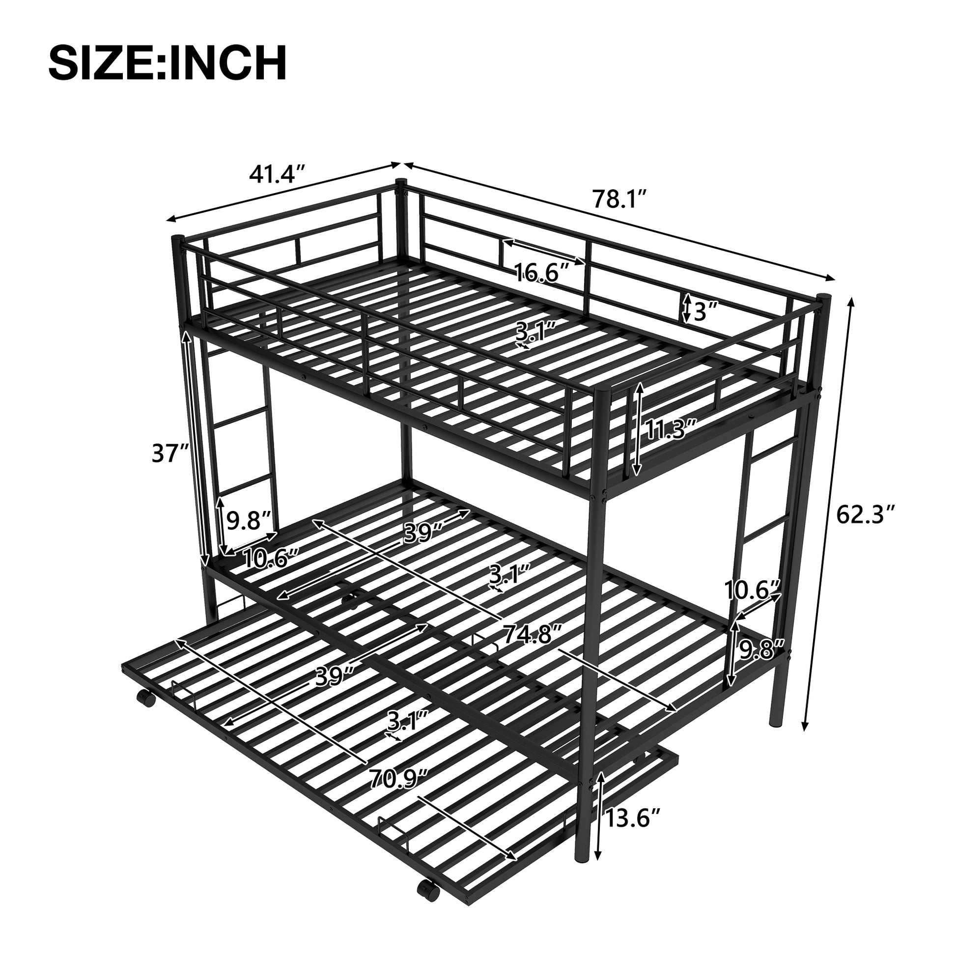 Black metal triple bunk bed with rolling trundle