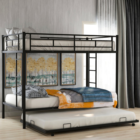 Black metal triple bunk bed with pullout trundle and mattresses