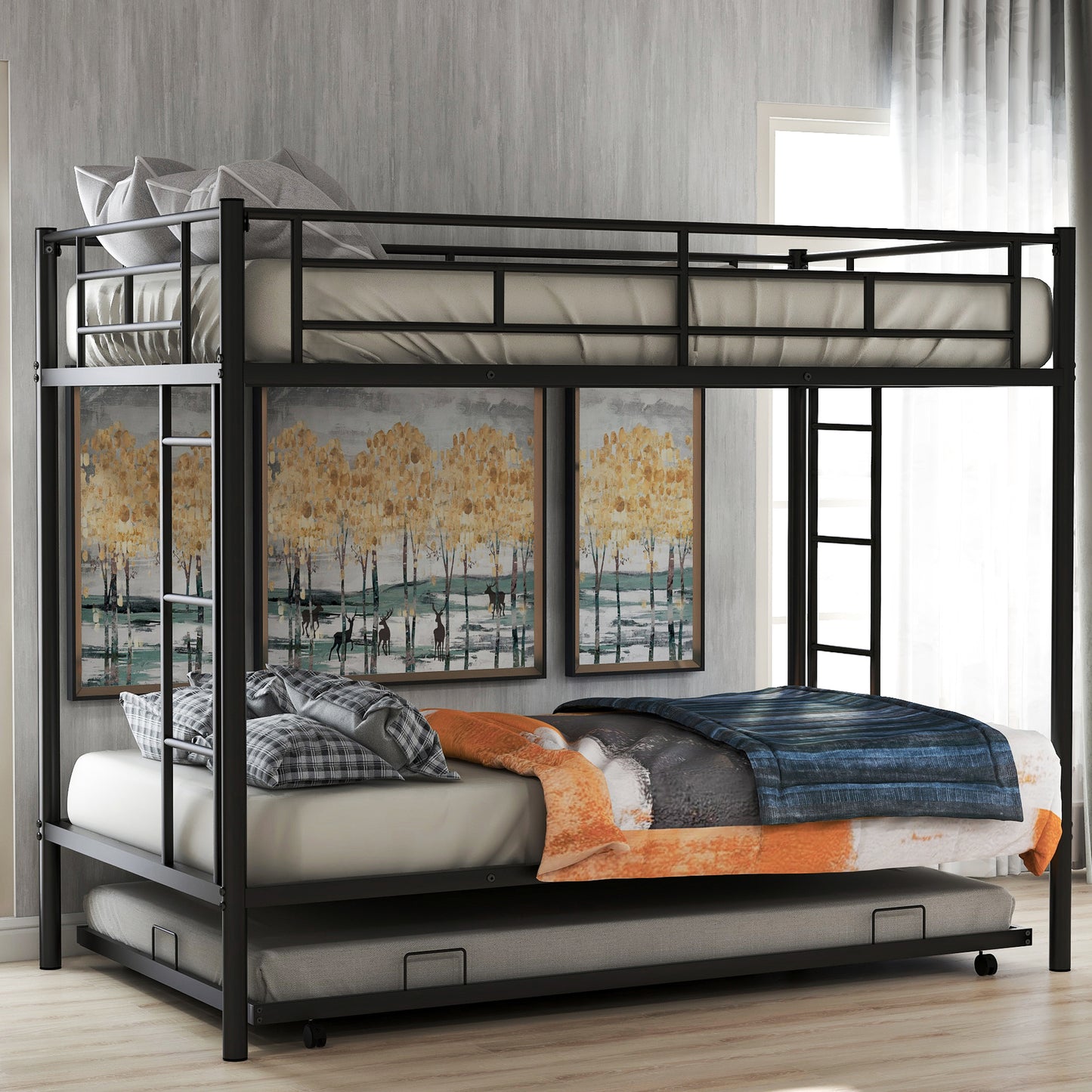 Black metal triple bunk bed with pullout trundle perfect for kids rooms