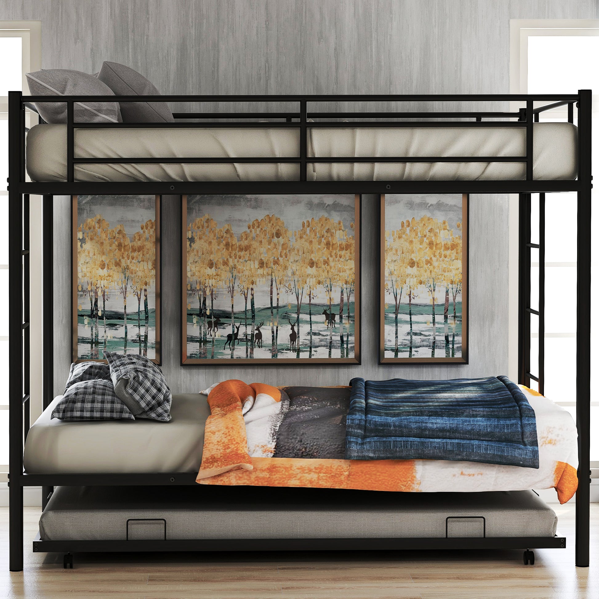Black metal twin over twin bunk bed with pullout trundle bed