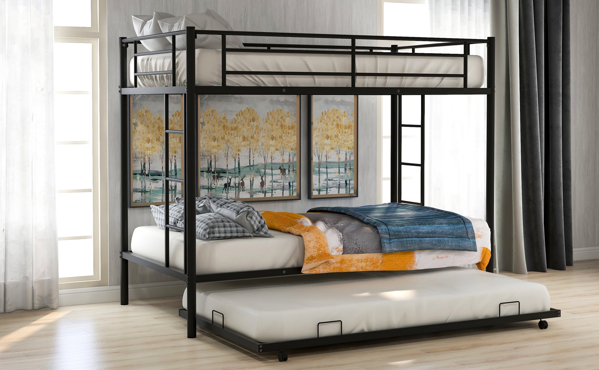 Black metal triple bunk bed with pullout trundle