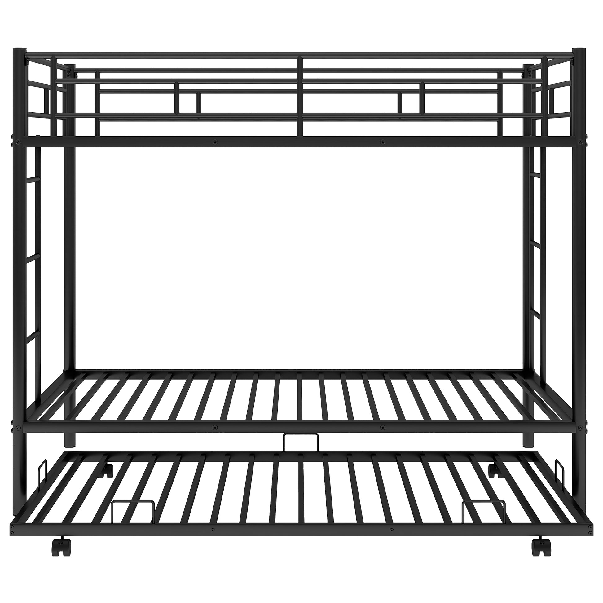 Black metal triple bunk bed frame with wheels