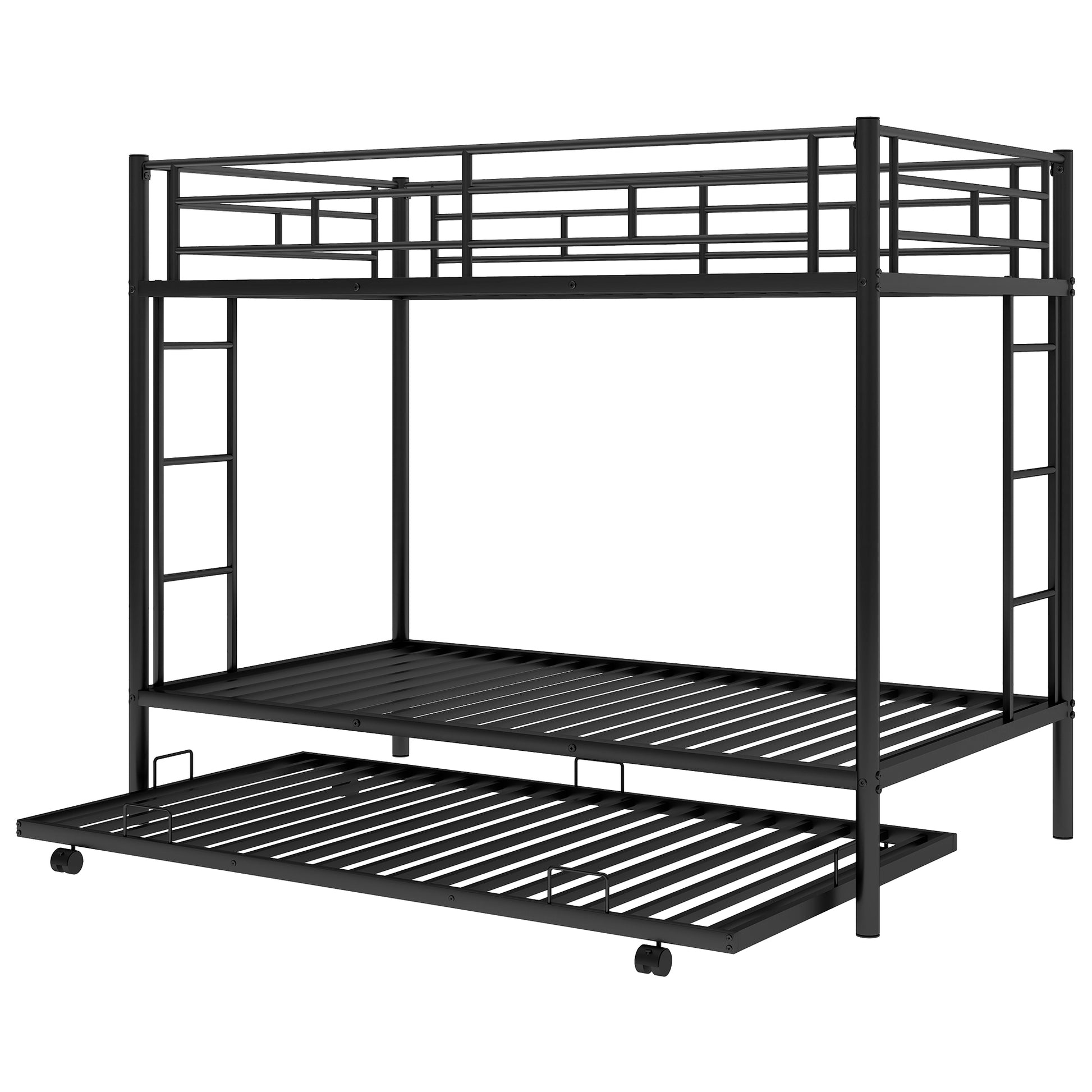 Black metal triple bunk bed with pullout trundle
