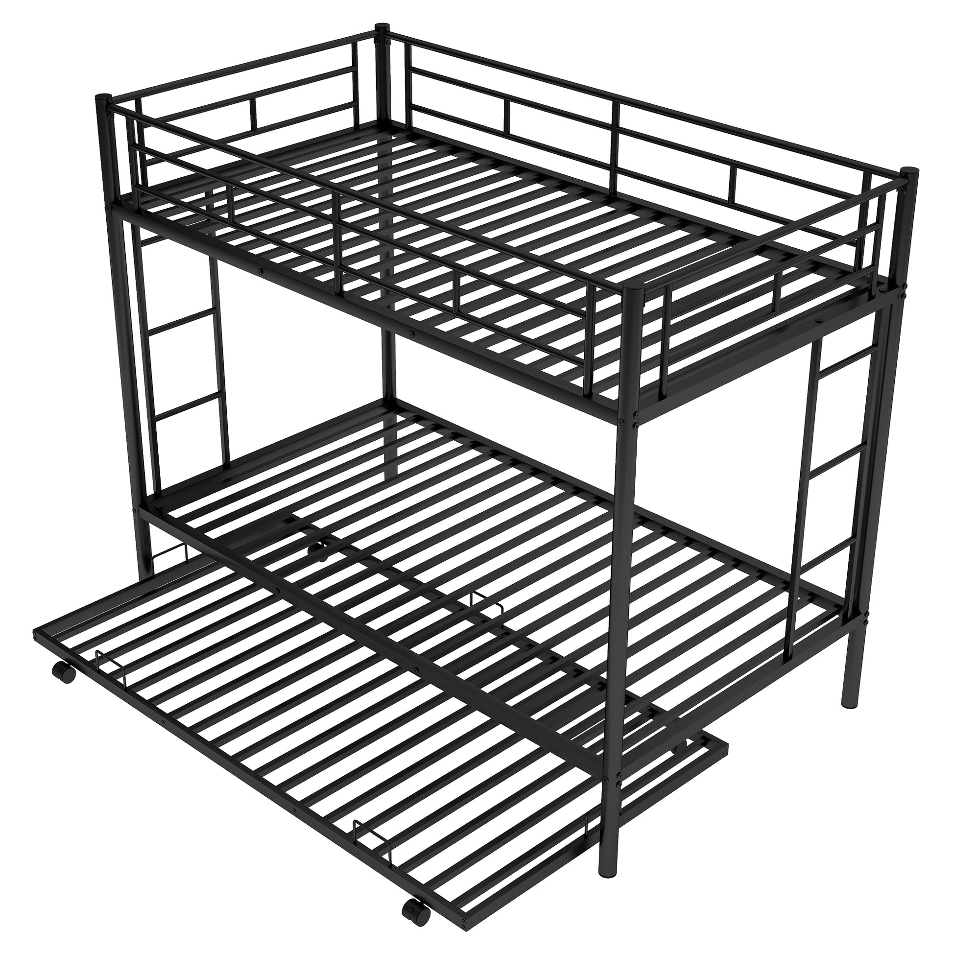 Black metal triple bunk bed with integrated ladder and pullout trundle