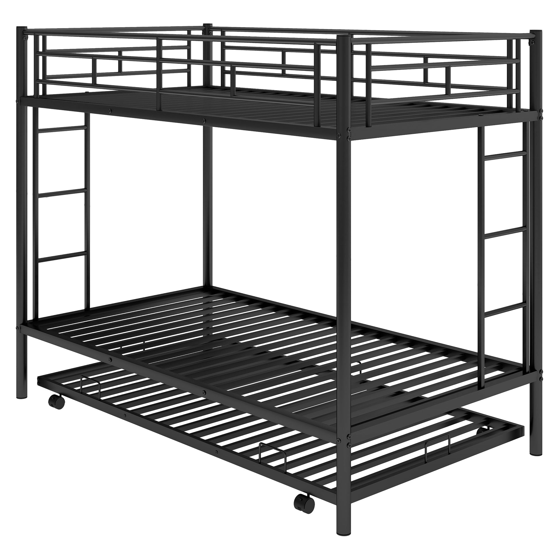 Black metal triple bunk bed with integrated ladder