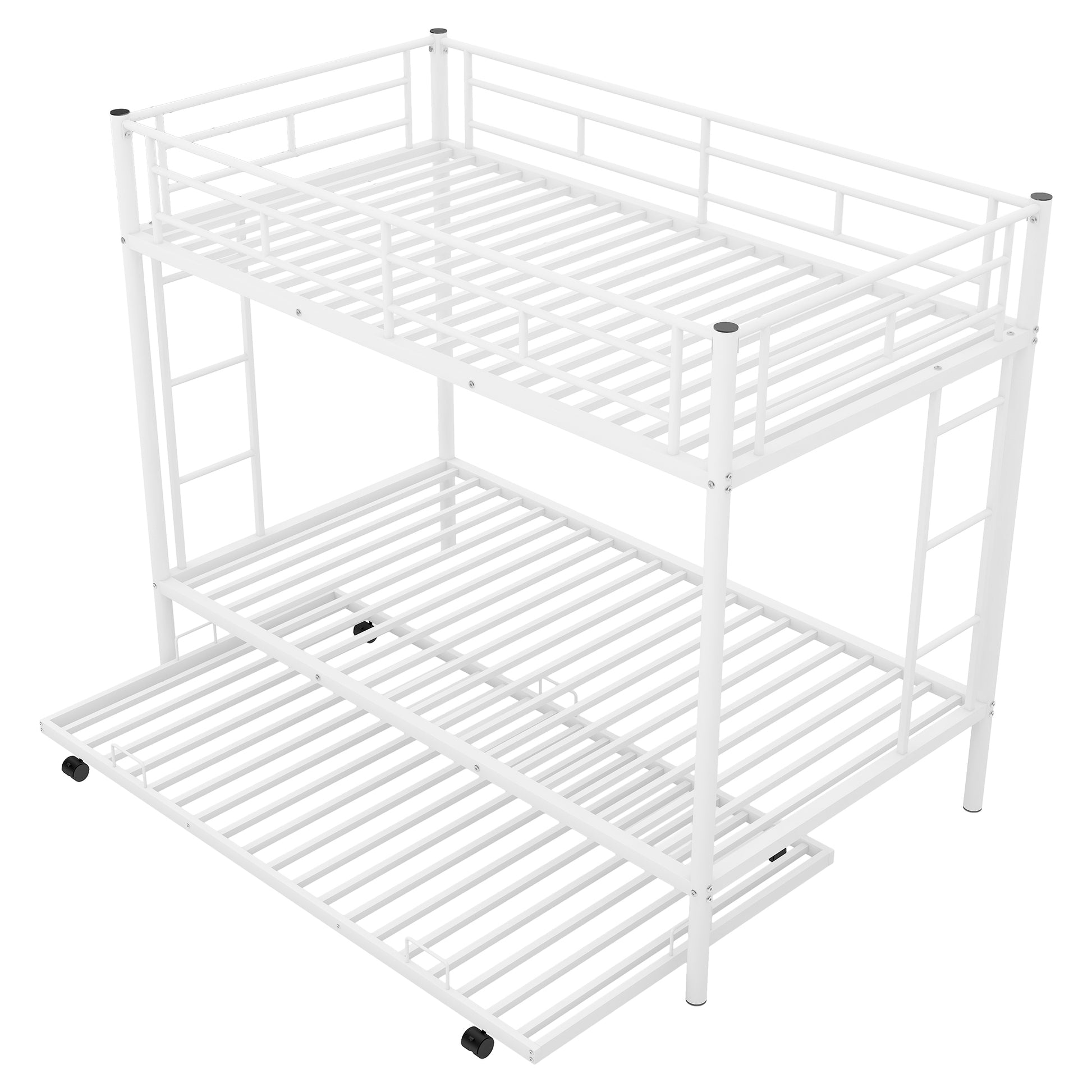 White metal triple bunk bed with integrated ladders and rolling trundle