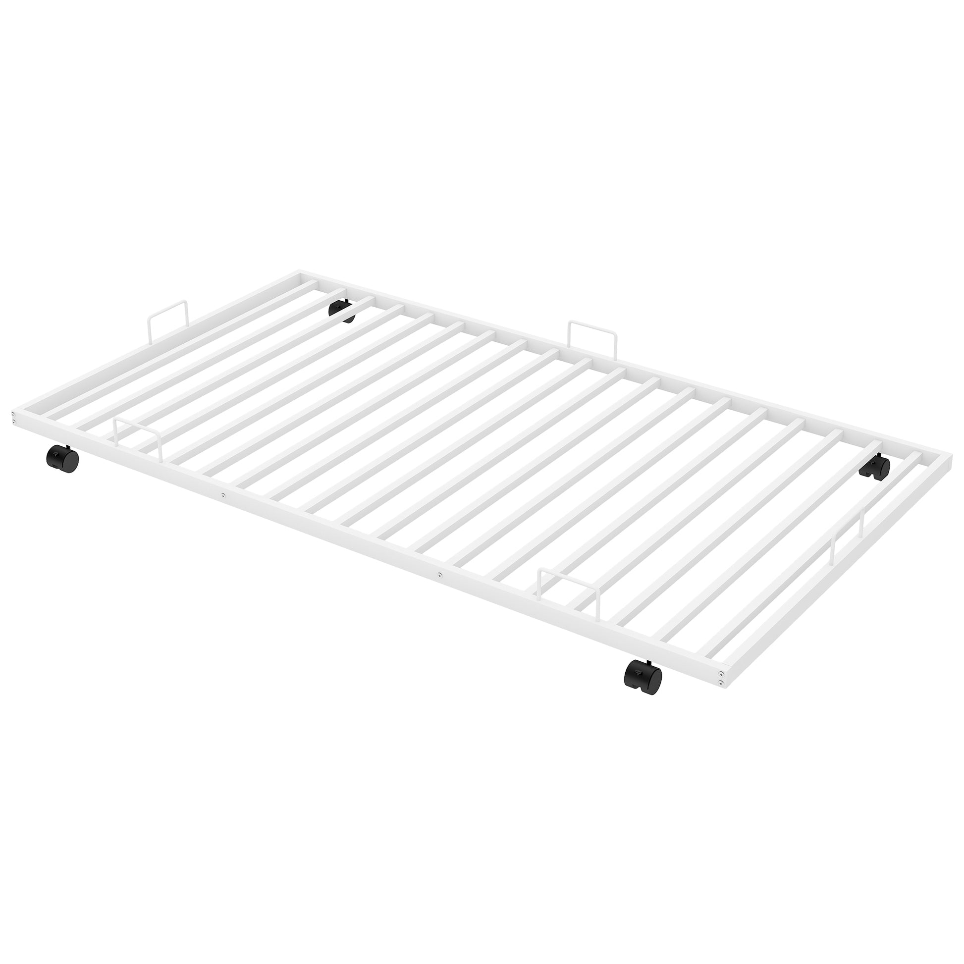 White metal rollaway bed frame with casters and headboard hooks