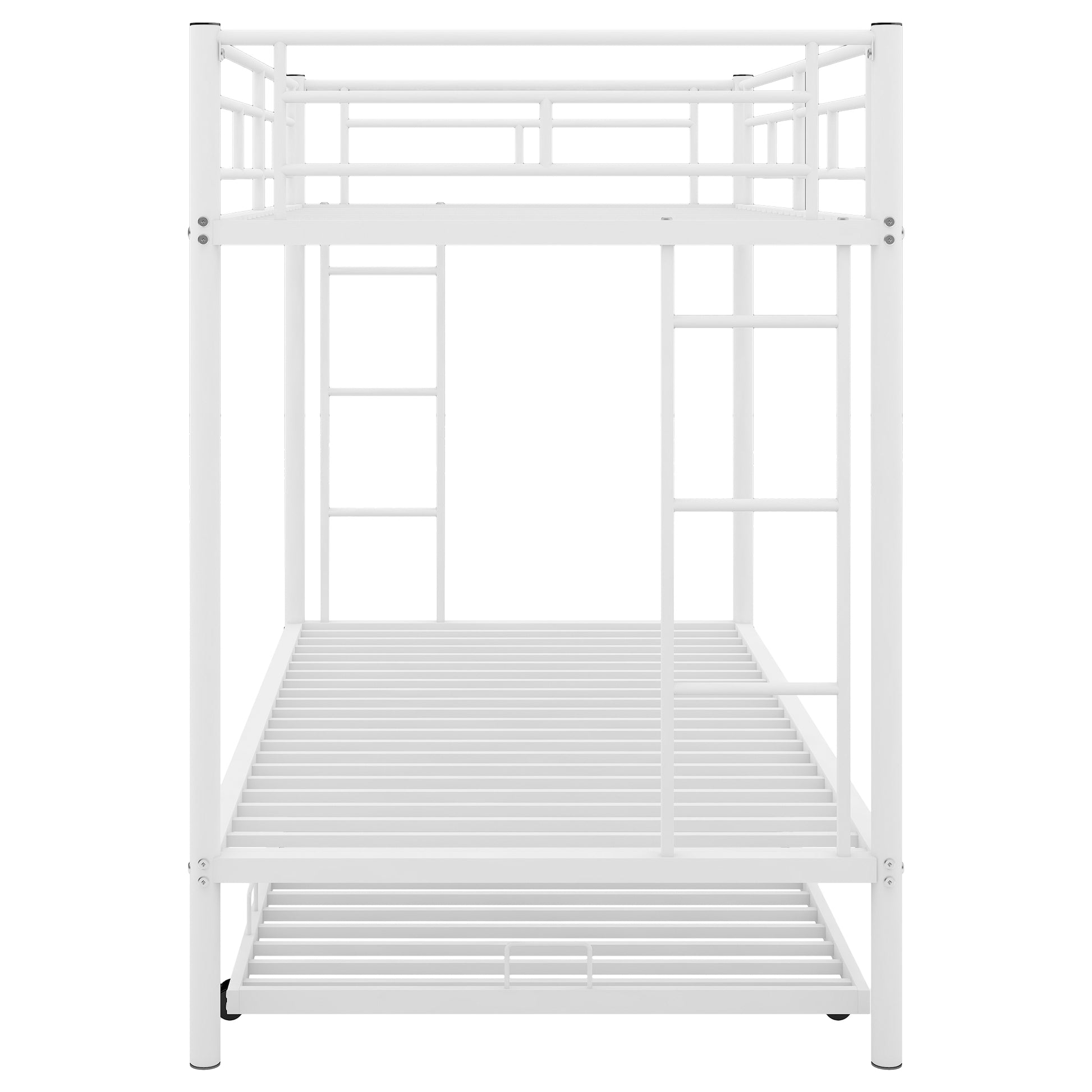 White metal triple bunk bed with ladder