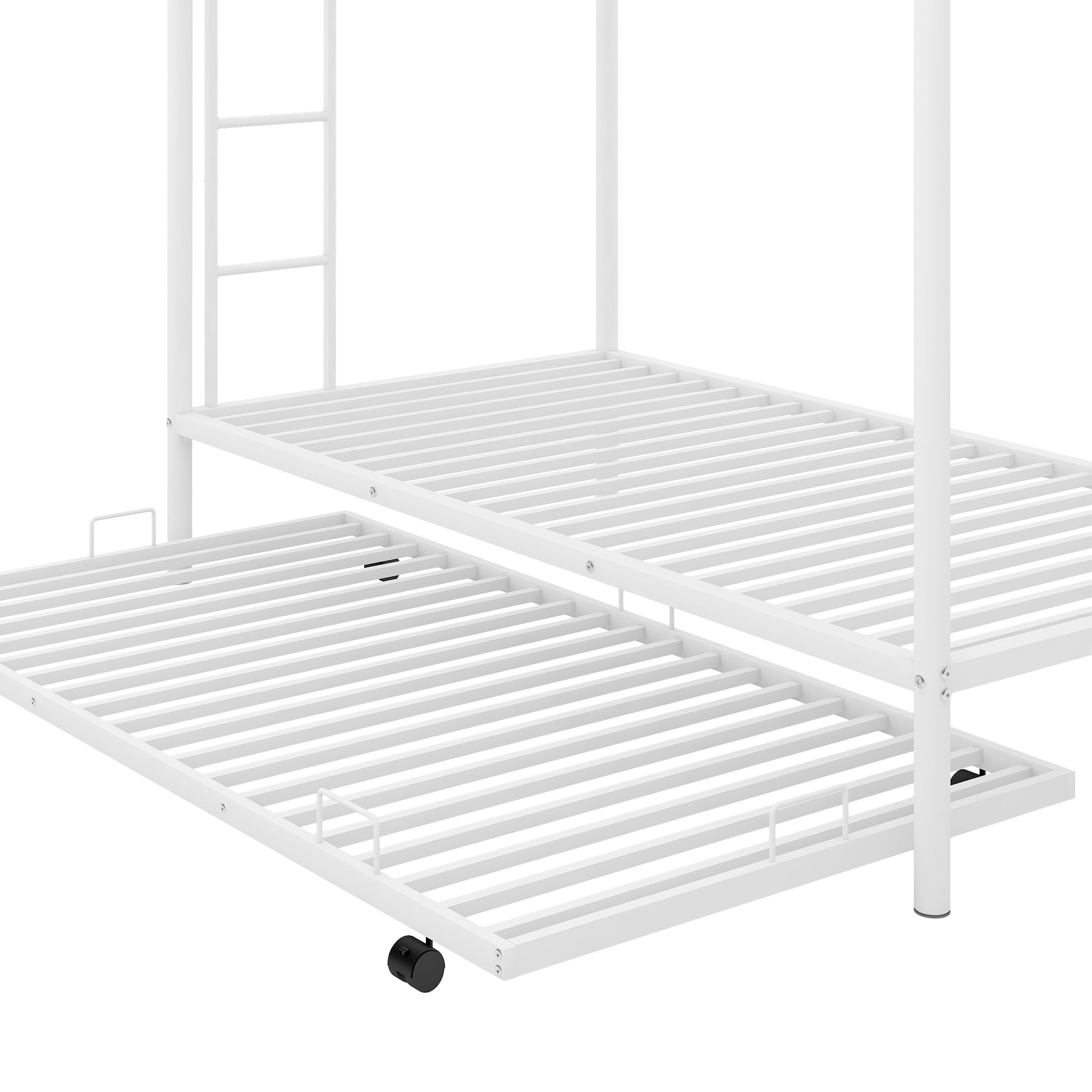 White metal twin over twin bunk bed with pullout trundle