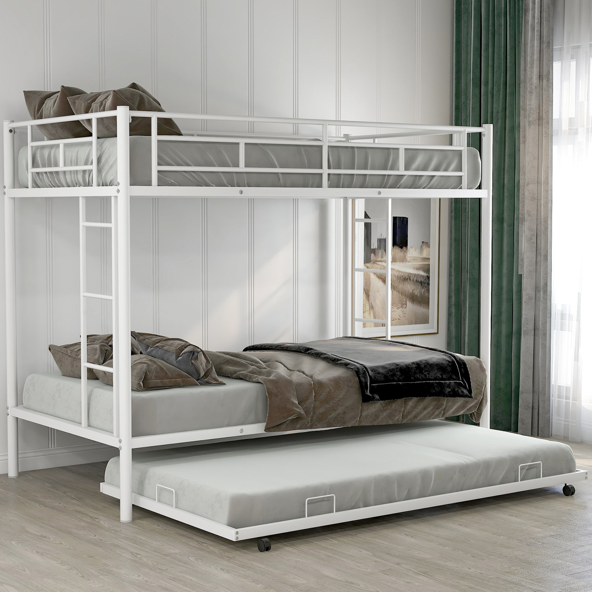 White metal triple bunk bed with pullout trundle