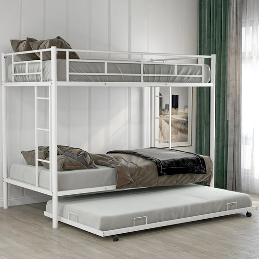 White metal triple bunk bed with pullout trundle
