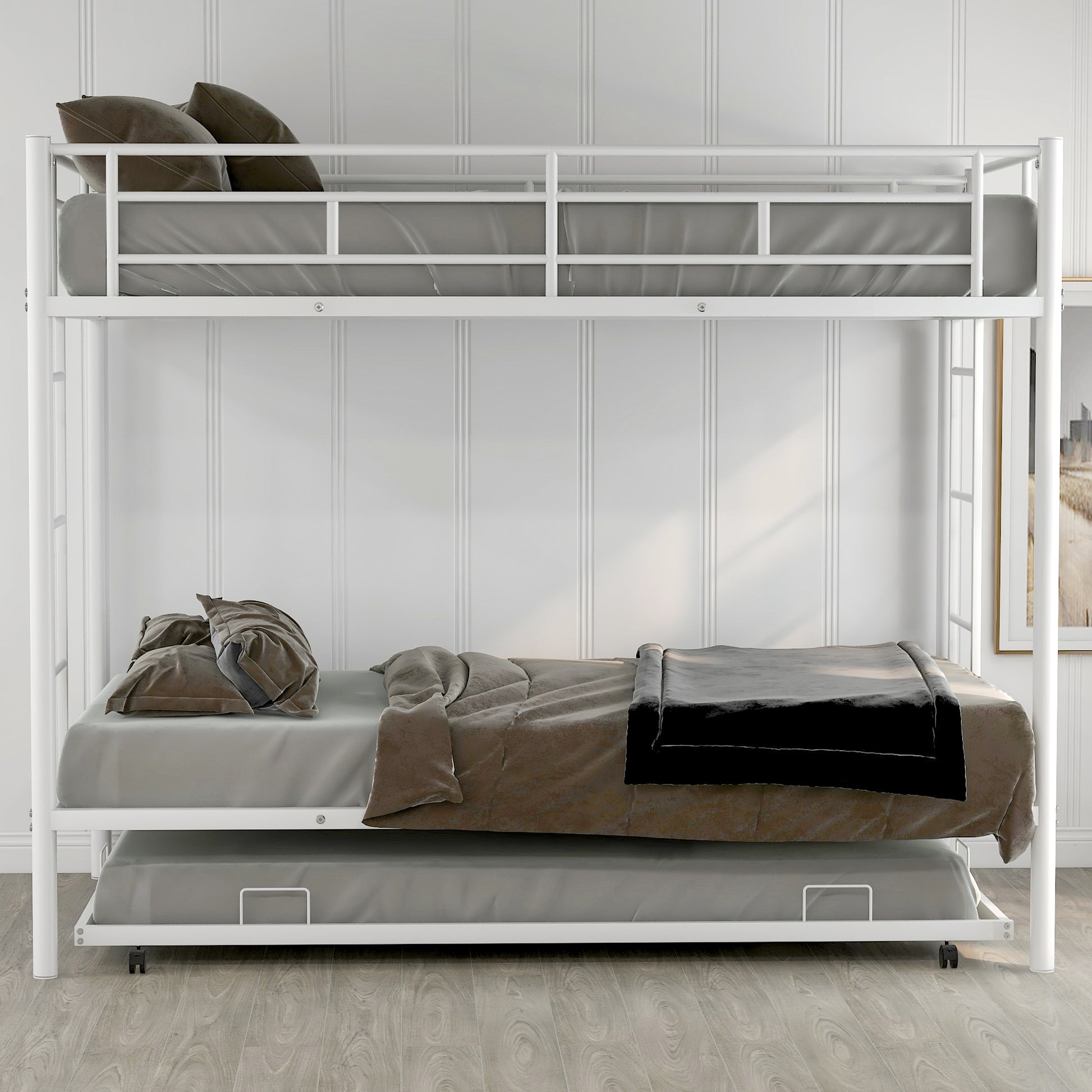 White metal twin over twin bunk bed with pullout trundle