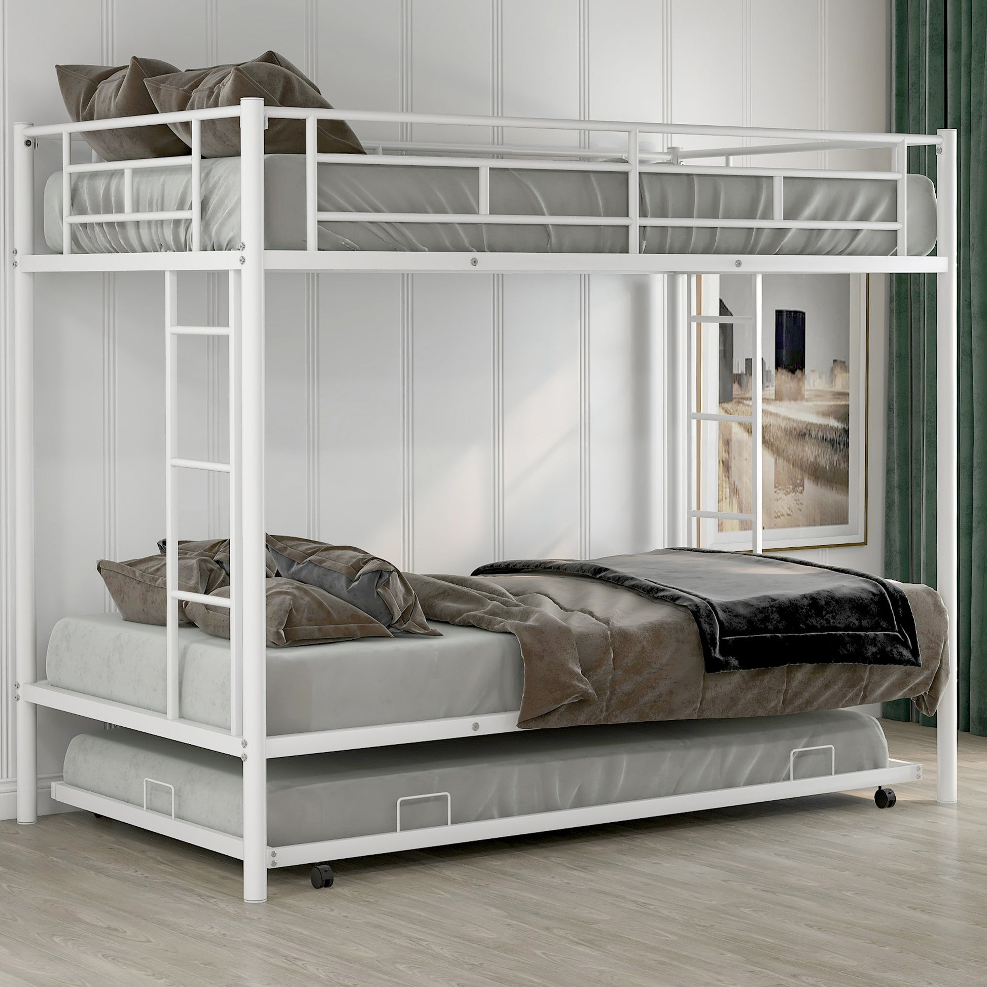 White metal triple bunk bed with pullout trundle for kids rooms