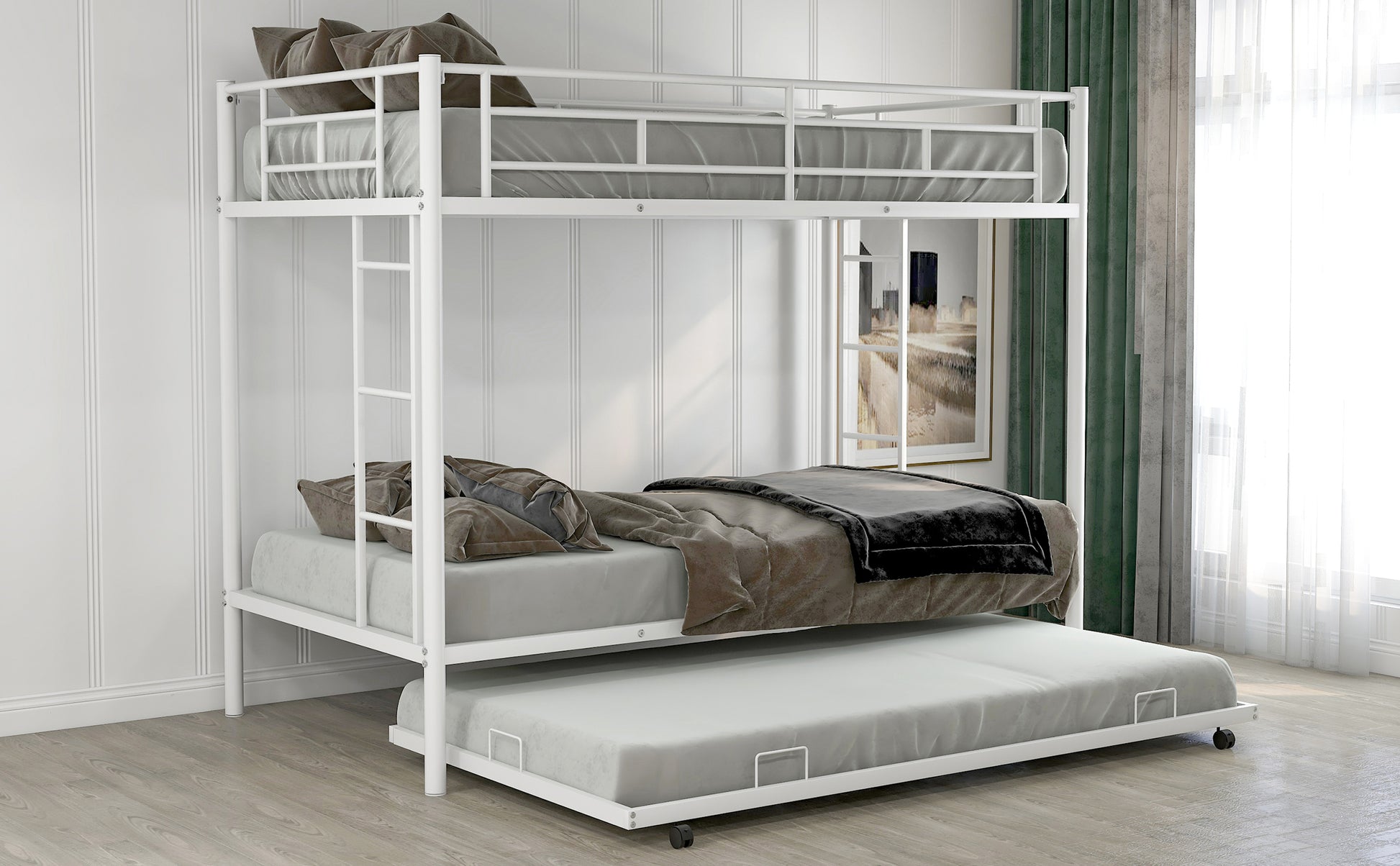 White metal triple bunk bed with pullout trundle