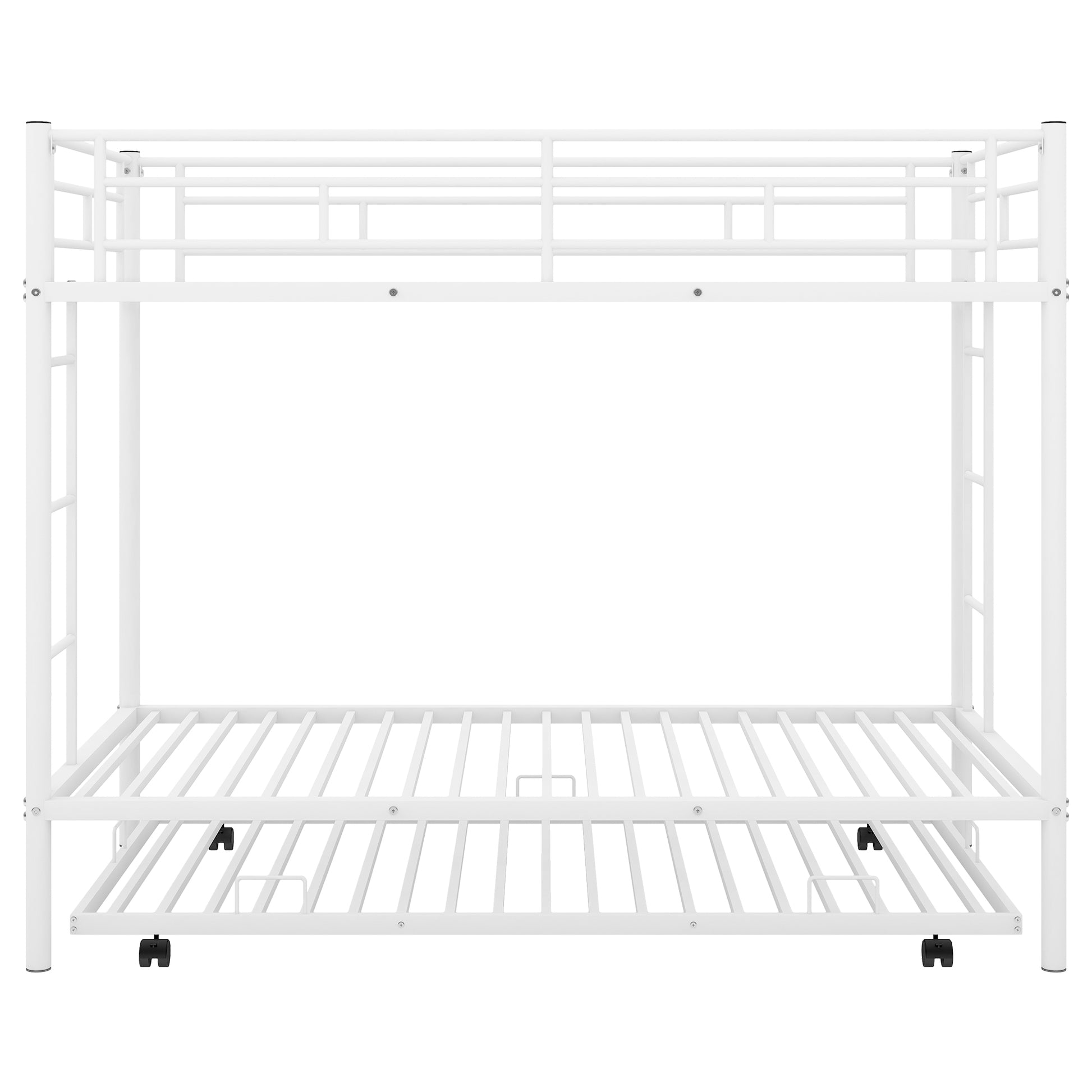 White metal bunk bed frame with pullout trundle
